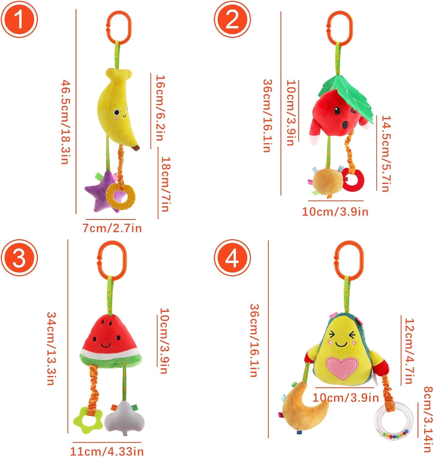 Baby Hanging Toys, 4 Pack Carseat Toys,Early Baby Cognitive Sensory Soft Hanging Toy for Crib Stroller Gym Mobile Plush Toy,Suitable for Babies 0-12 Months,Fruit
