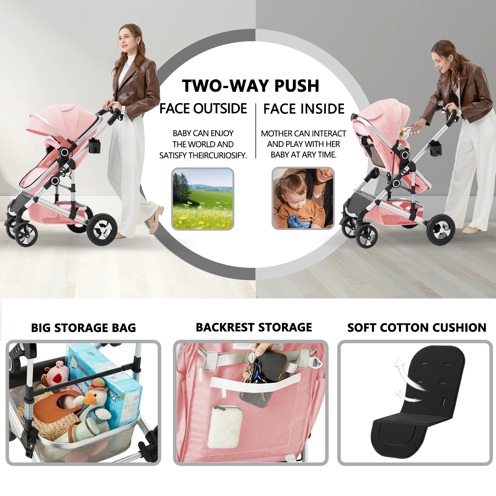 3-In-1 Convertible Baby Stroller with Big Seat and Adjustable Canopy, 24 Pound, Pink