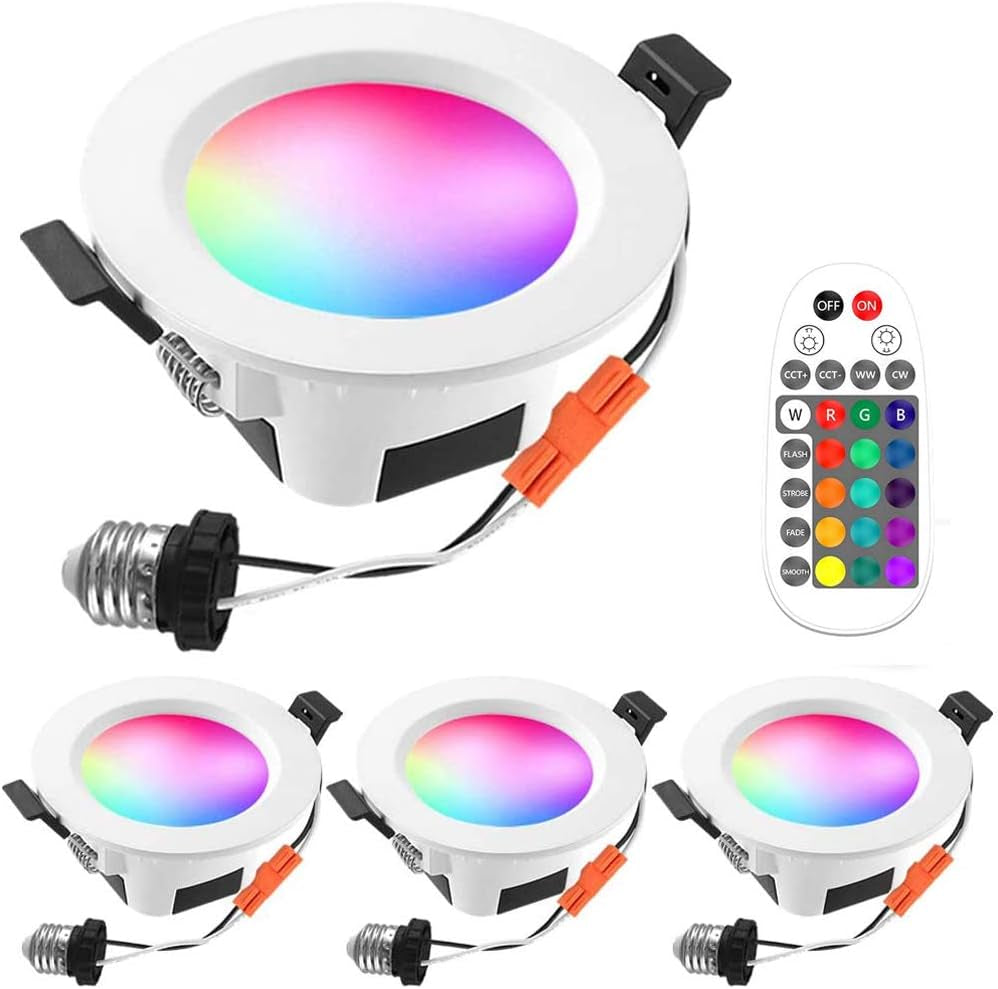 4 Inch LED Recessed Pot Lights, RGBWC 9W Bluetooth App Control LED Smart Downlights with Remote Controller, 120VAC, 700LM, RGB + 2700K-6000K Dimmable Multicolor Ceiling Lights, 4 Packs
