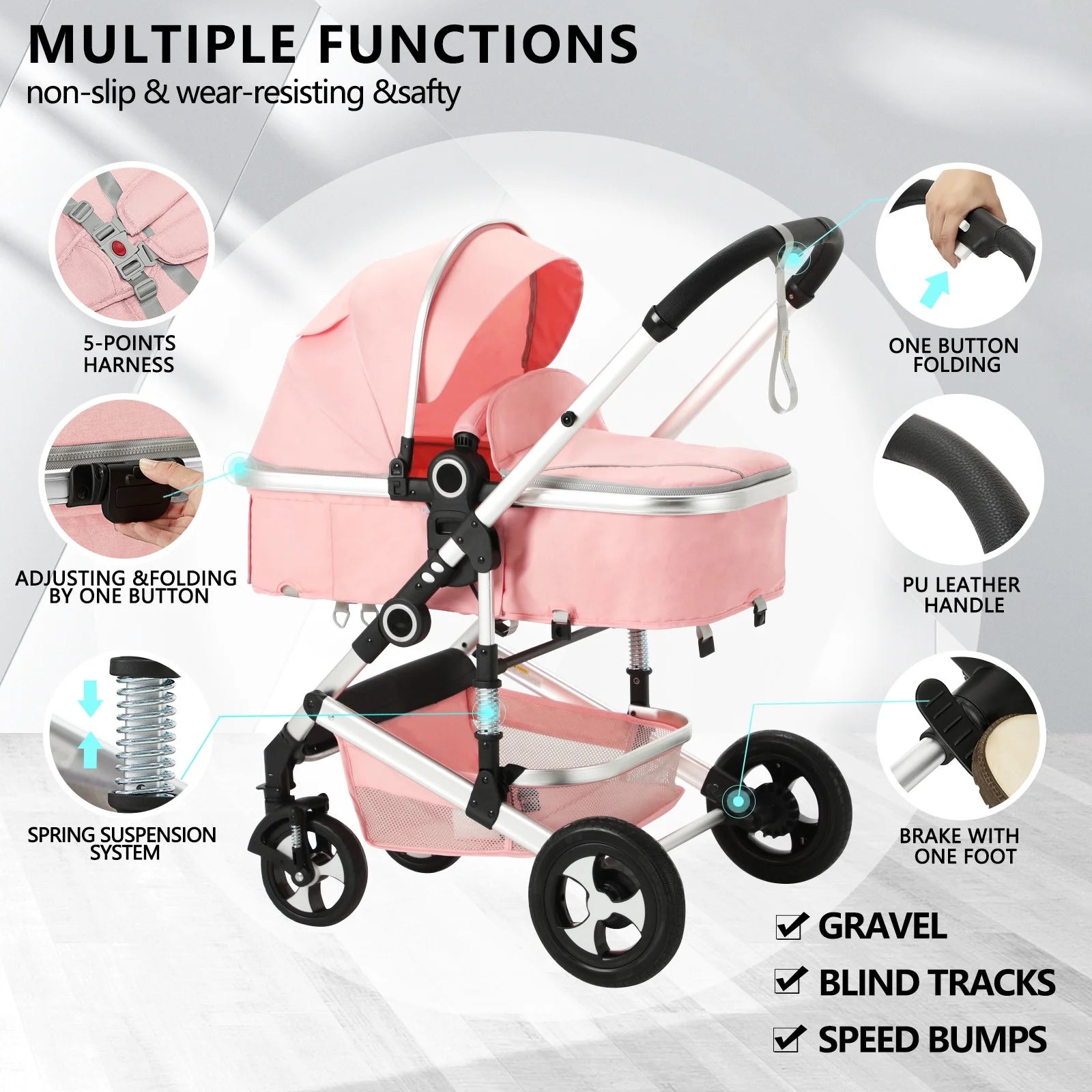 3-In-1 Convertible Baby Stroller with Big Seat and Adjustable Canopy, 24 Pound, Pink