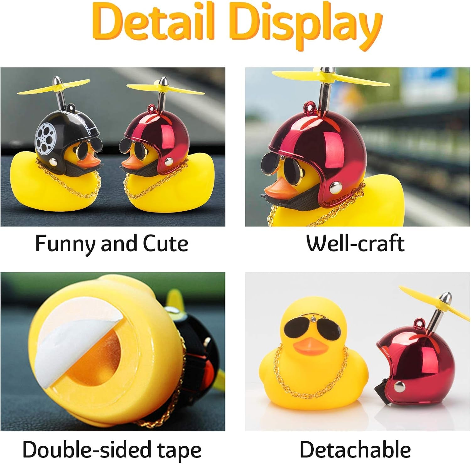 Rubber Duck Car Ornaments - Yellow Duck Car Dashboard Decorations with Cool Glasses and Propeller Helmet (Brilliant Red-Yellow)