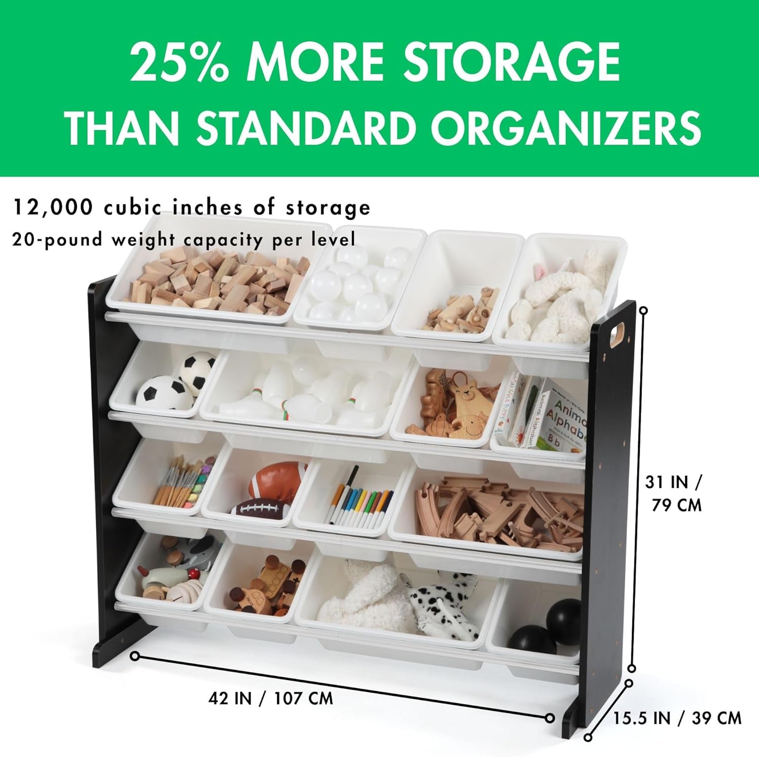 Supersized Toy Storage Organizer with 16 Removable Bins, Black/White – Large Toy Storage for Toddlers Ideal for Kids' Rooms, Playrooms, and Nurseries - Modern Toy Bins for Kids