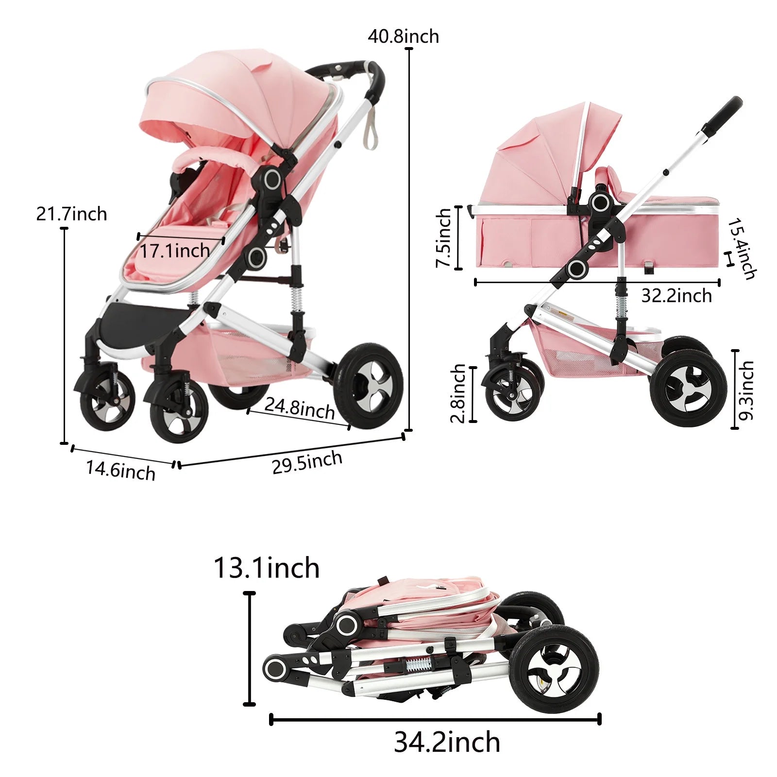 3-In-1 Convertible Baby Stroller with Big Seat and Adjustable Canopy, 24 Pound, Pink