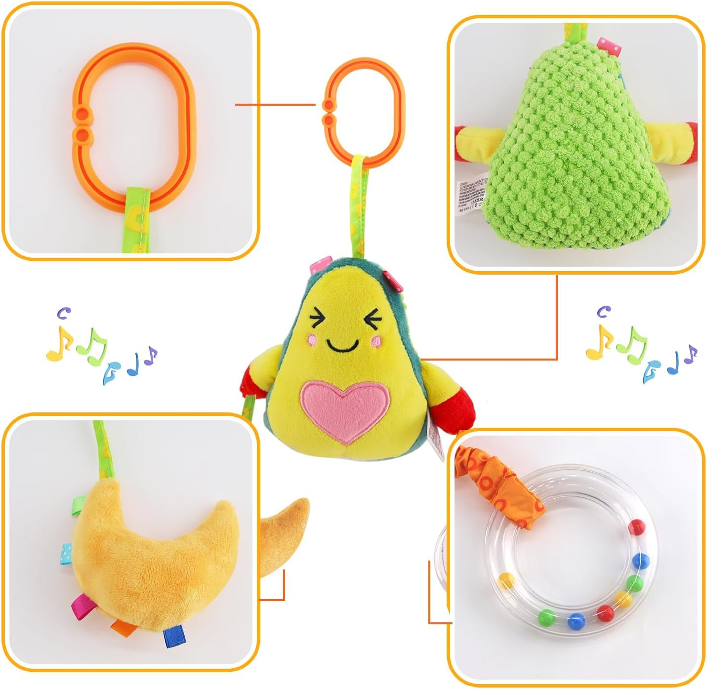 Baby Hanging Toys, 4 Pack Carseat Toys,Early Baby Cognitive Sensory Soft Hanging Toy for Crib Stroller Gym Mobile Plush Toy,Suitable for Babies 0-12 Months,Fruit