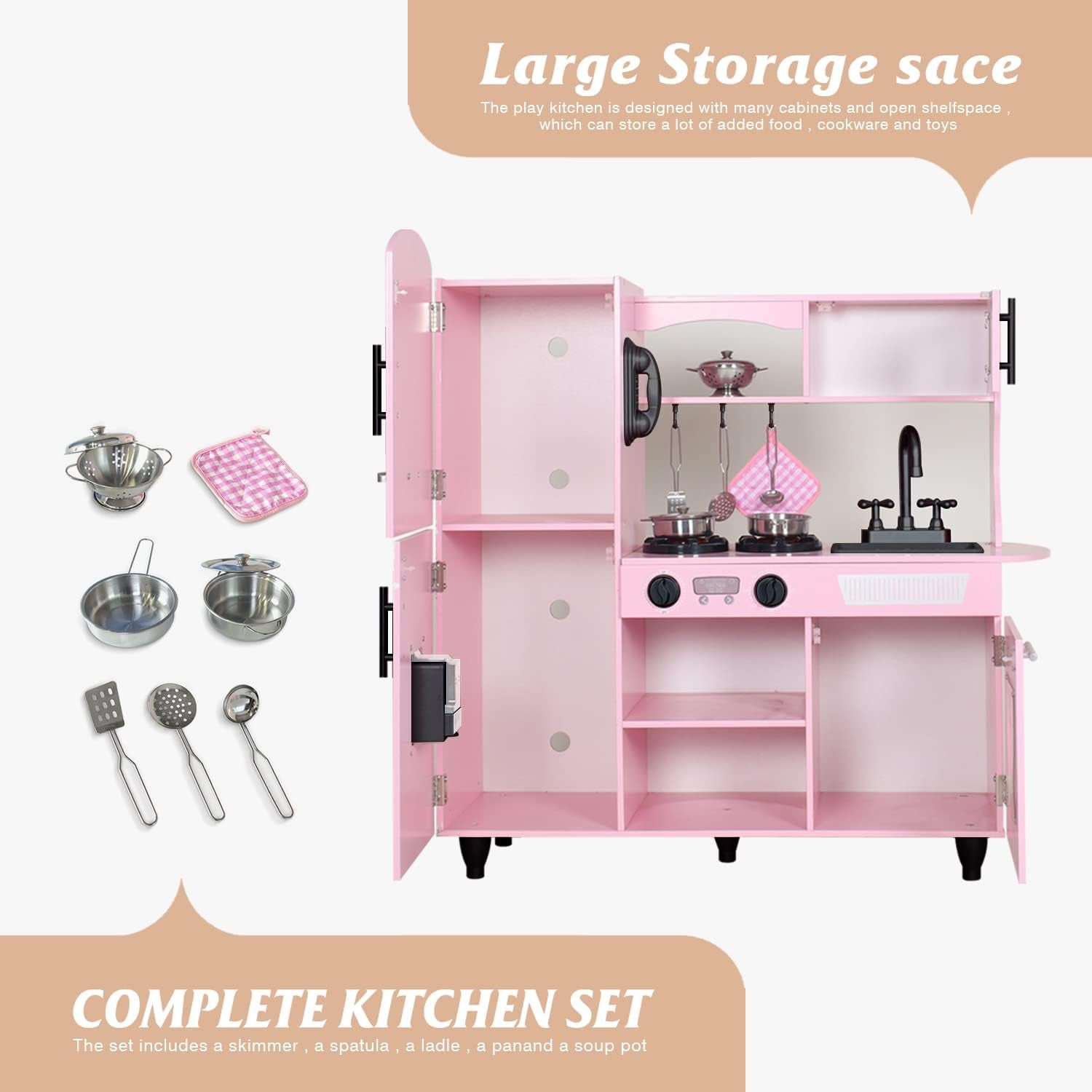 Play Kitchen, Pink Kids Kitchen Set for Girls Kitchen Set for Kids Ages 6-8 Gift Toddler Kitchen Set for Kid Age 3+ Kitchen Playset with Lights & Sounds Wooden Toy Kitchen Playset Gift