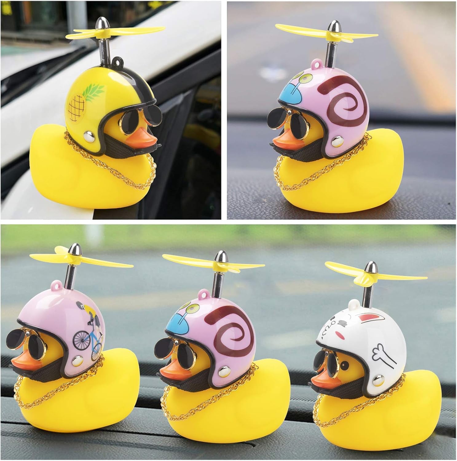 Rubber Duck Car Ornaments - Yellow Duck Car Dashboard Decorations with Cool Glasses and Propeller Helmet (Brilliant Red-Yellow)