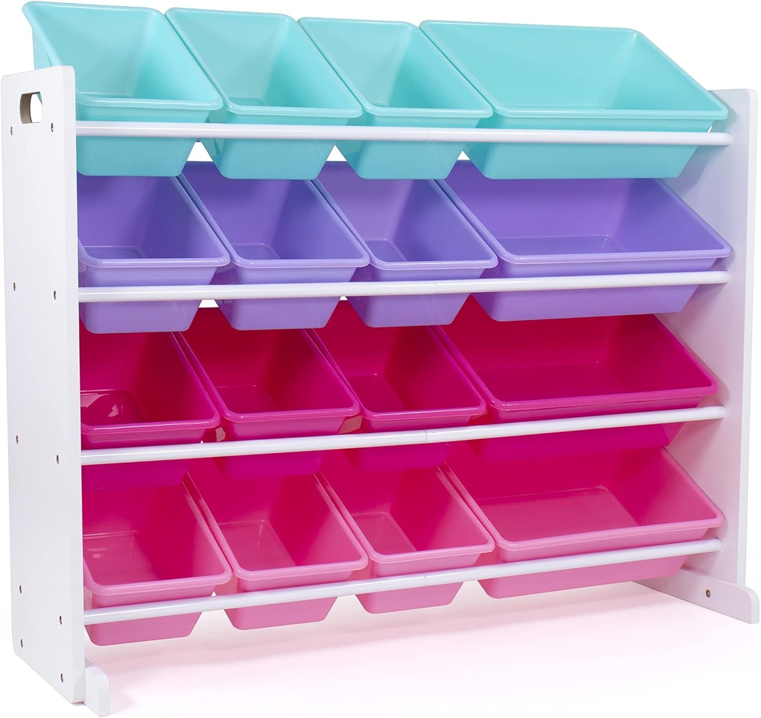 Toy Storage Organizer with 16 Removable Storage Bins for Kids Playroom, 4-Tier Toddler Toy Organization and Storage, White/Blue/Pink/Purple