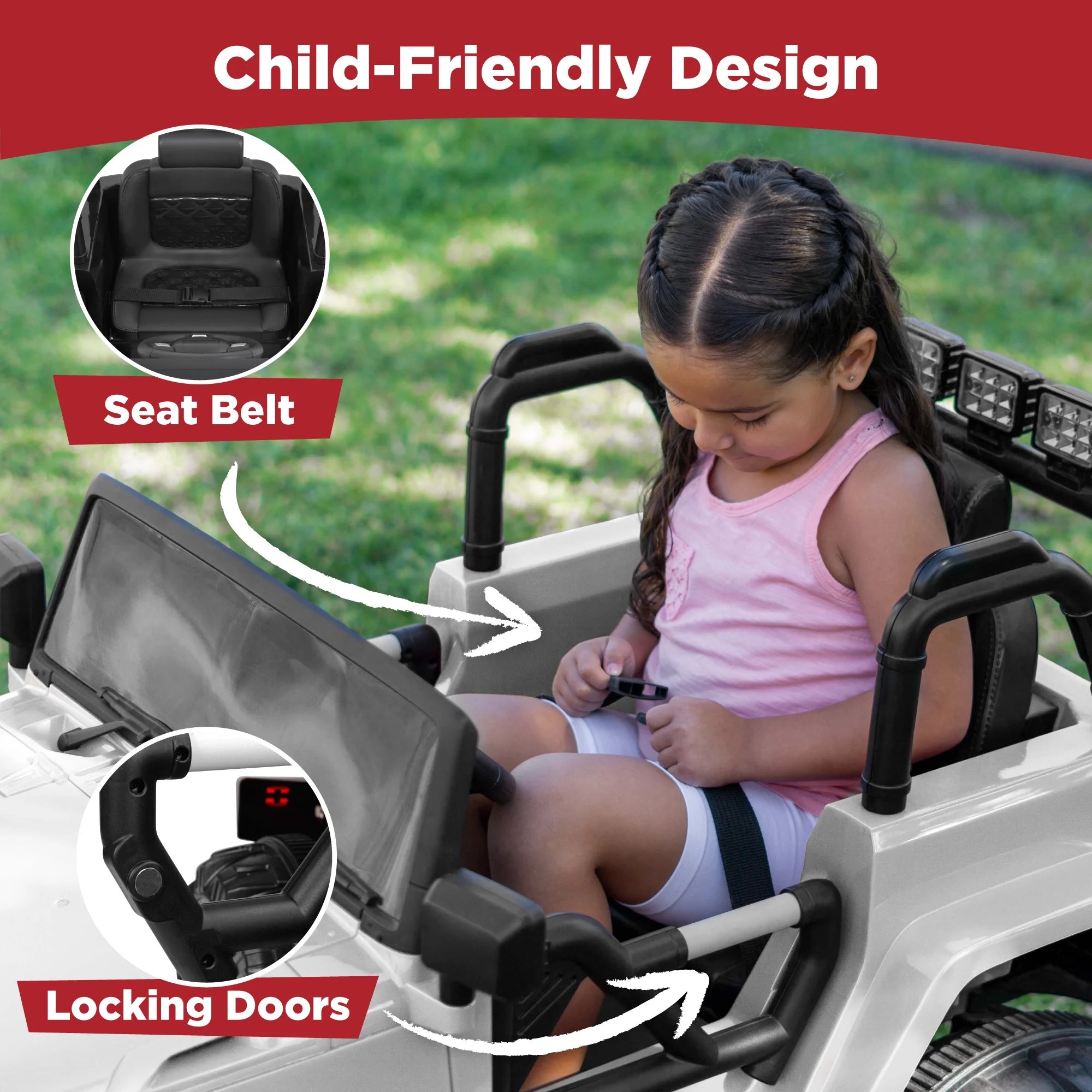 Jumbo 12V Kids Electric Ride on Car with Parent Remote, Seat Harness, 65 Lb Capacity - White