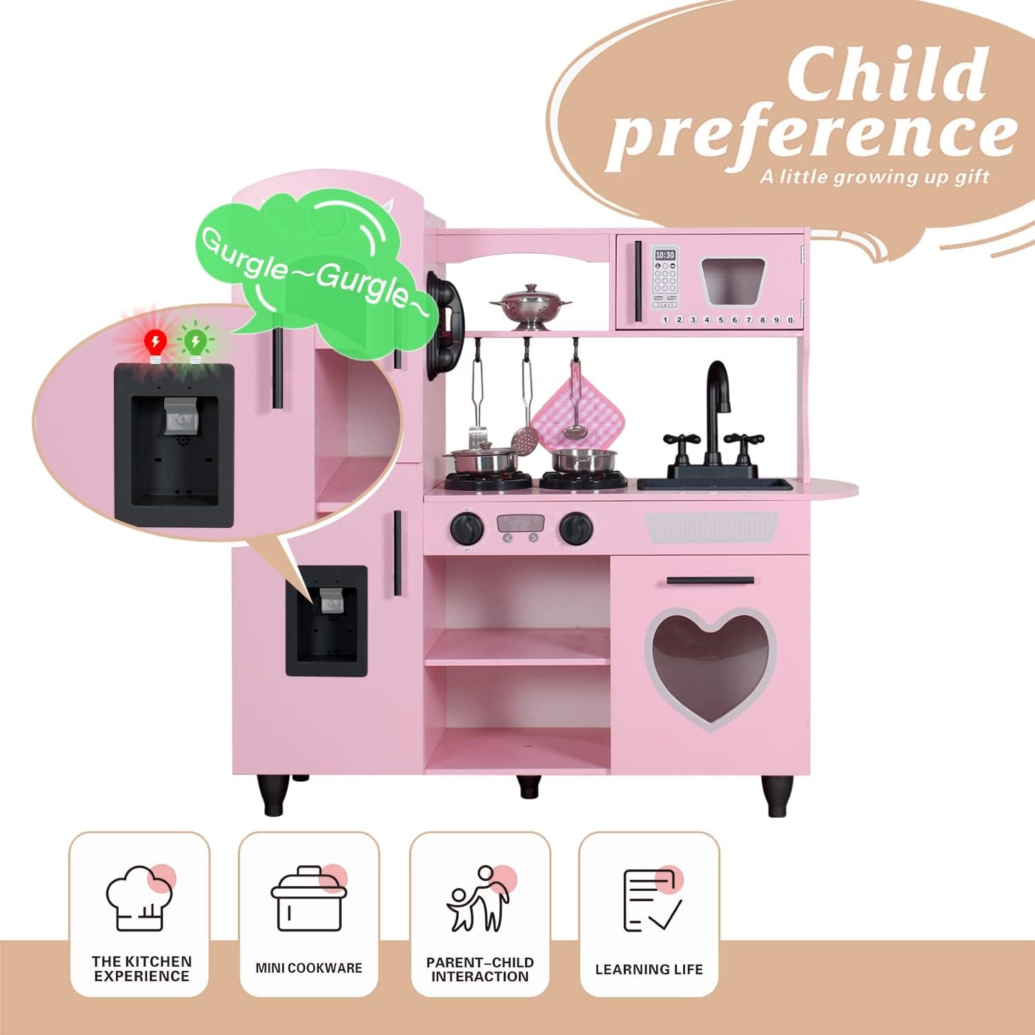 Play Kitchen, Pink Kids Kitchen Set for Girls Kitchen Set for Kids Ages 6-8 Gift Toddler Kitchen Set for Kid Age 3+ Kitchen Playset with Lights & Sounds Wooden Toy Kitchen Playset Gift