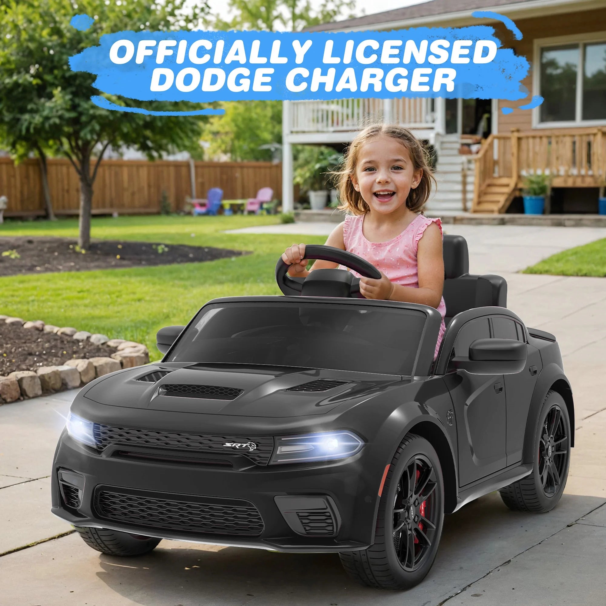 Dodge Electric Ride on Cars for Kids, 12V Licensed Dodge Charger Srt Hellcat Powered Ride on Toy with Parent Remote Control, Electric Car for Boy 3-5 W/Music Player/Led Light/Safety Belt, Black