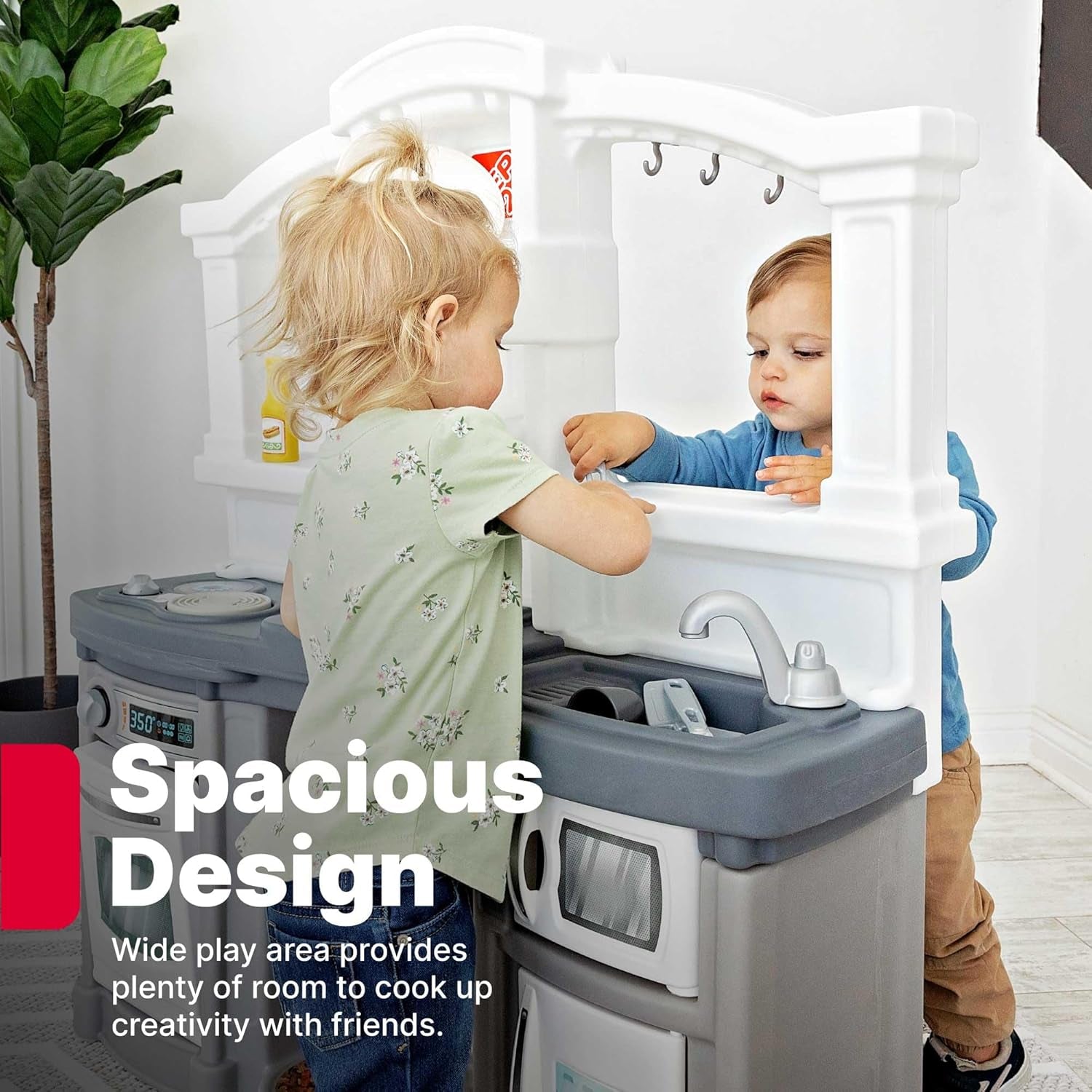Fun with Friends Kids Kitchen Playset, Indoor/Outdoor Kitchenette with Lights & Sounds, Durable Plastic, 25-Piece Toy Accessories, Toddlers 2+ Years, Gray