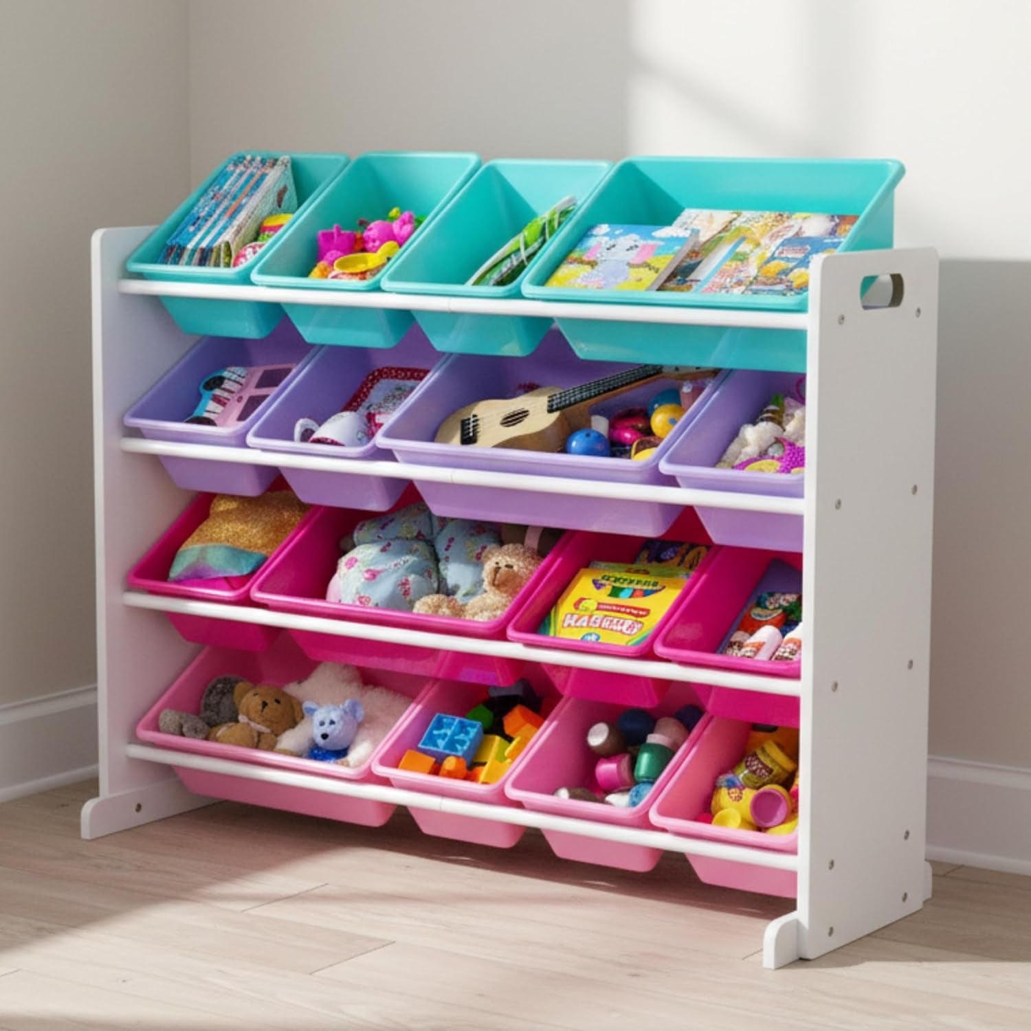 Toy Storage Organizer with 16 Removable Storage Bins for Kids Playroom, 4-Tier Toddler Toy Organization and Storage, White/Blue/Pink/Purple