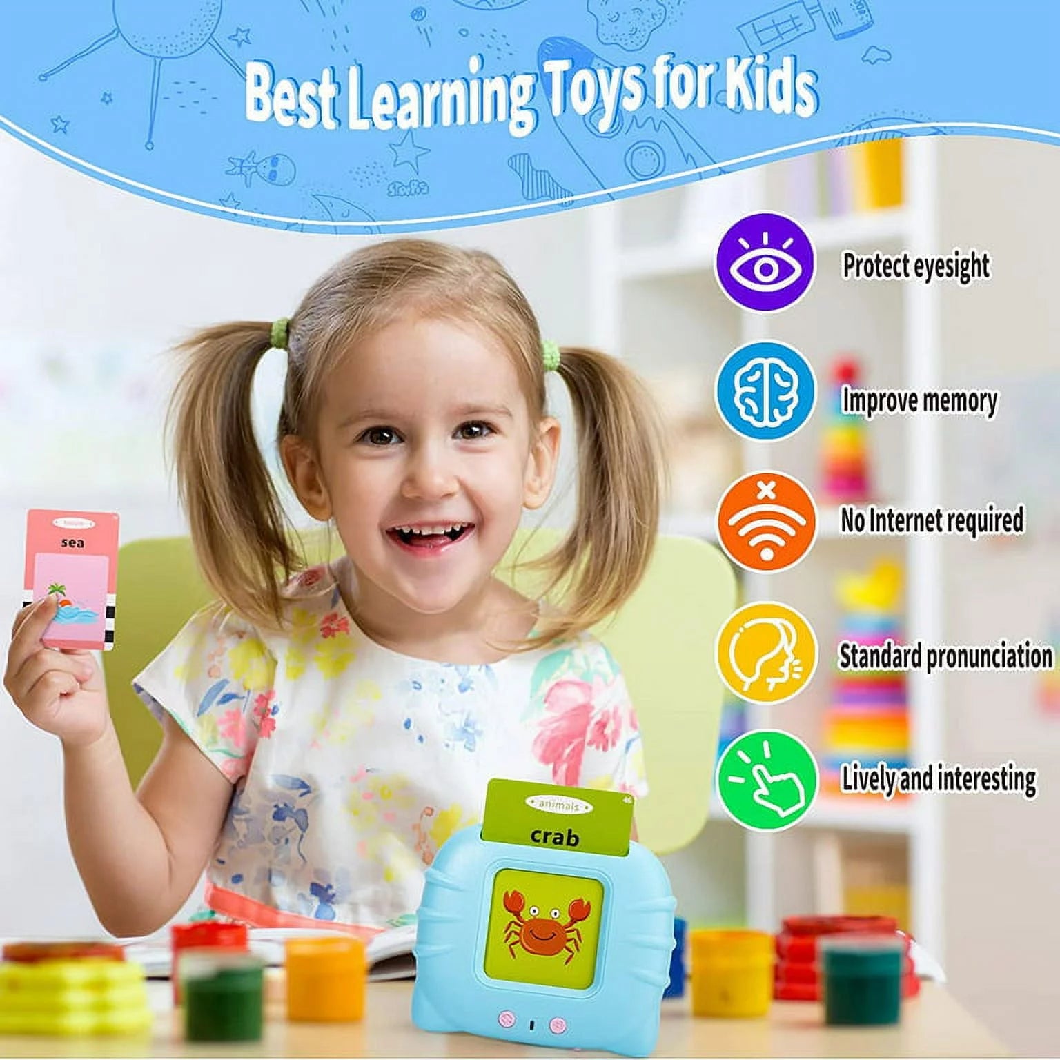 Tarjetas Flash Parlantes Juguetes De Terapia De Habla-224 Palabras De Vista Montessori Aprendizaje Educativo Preescolar Bolsillo Juguete De Desarrollo De Voz Para Niños Pequeños, Aprendizaje De Tarjetas Flash Audibles De Discurso De Bolsillo (Azul)