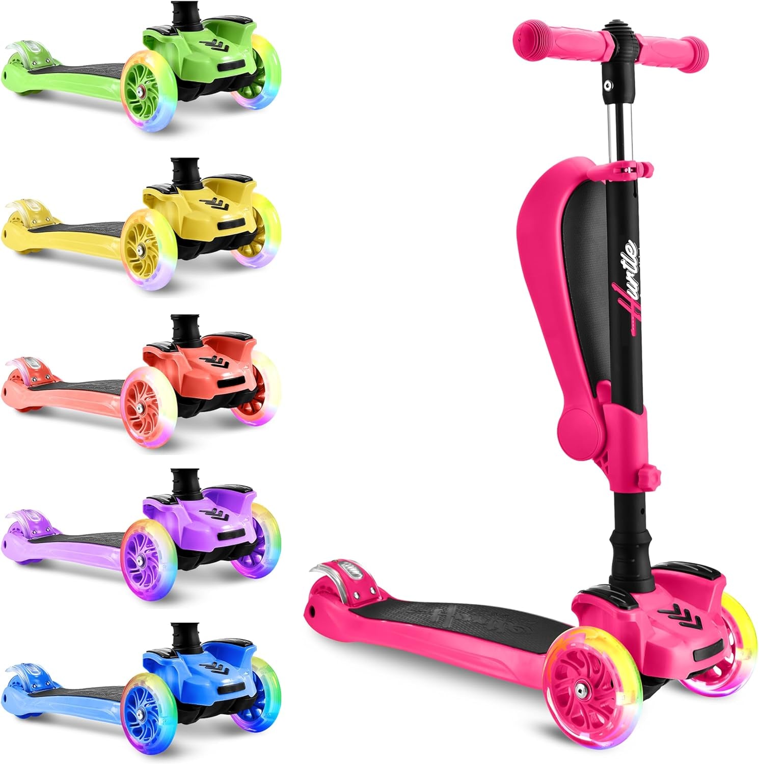 3-Wheeled Scooter for Kids - Wheel LED Lights, Adjustable Lean-To-Steer Handlebar, and Foldable Seat - Sit or Stand Ride with Brake for Boys and Girls Ages 1-14 Years Old
