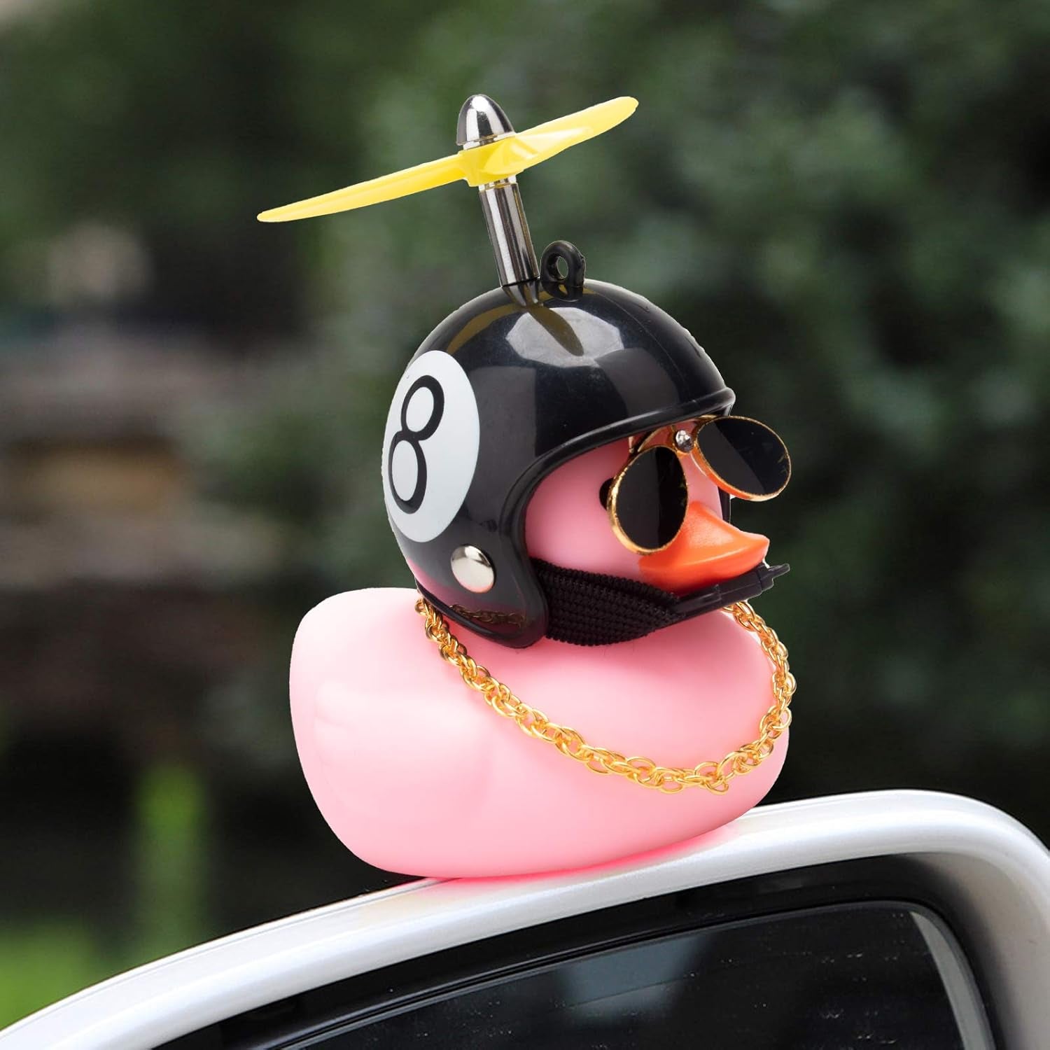 Pink Duck Car Dashboard Decorations Rubber Duck Car Ornaments Cool Duck with Propeller Helmet Sunglasses Gold Chain