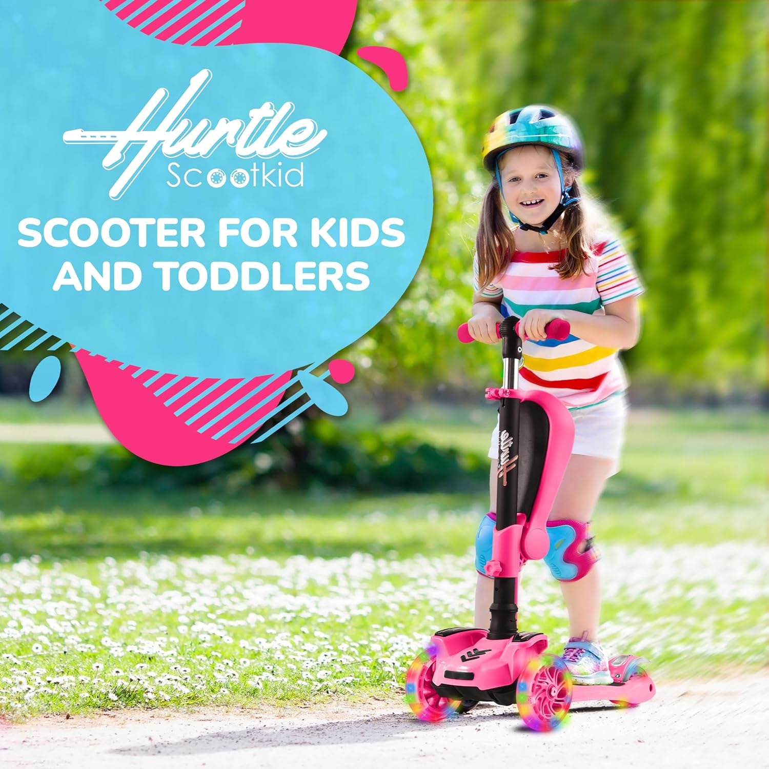 3-Wheeled Scooter for Kids - Wheel LED Lights, Adjustable Lean-To-Steer Handlebar, and Foldable Seat - Sit or Stand Ride with Brake for Boys and Girls Ages 1-14 Years Old