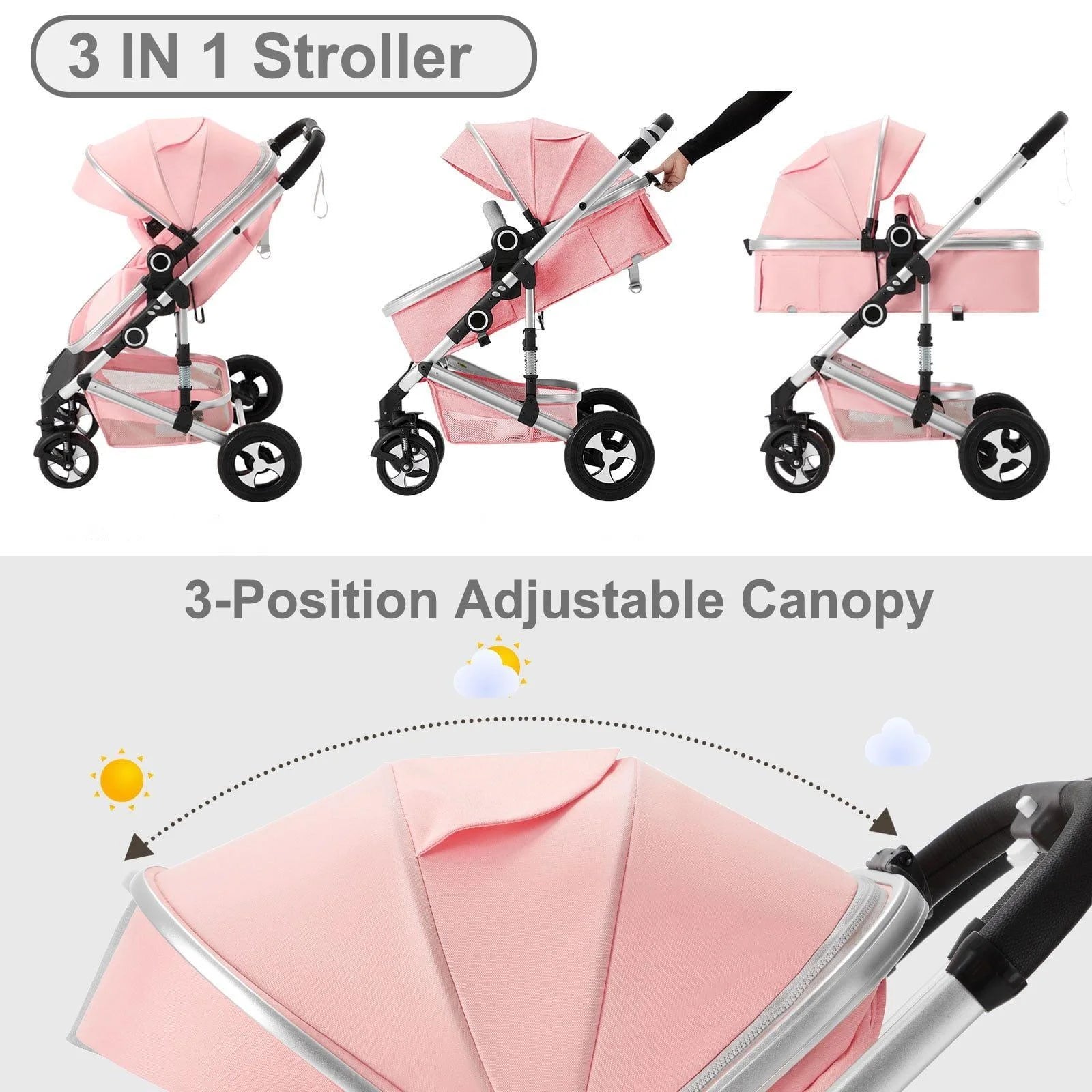 3-In-1 Convertible Baby Stroller with Big Seat and Adjustable Canopy, 24 Pound, Pink