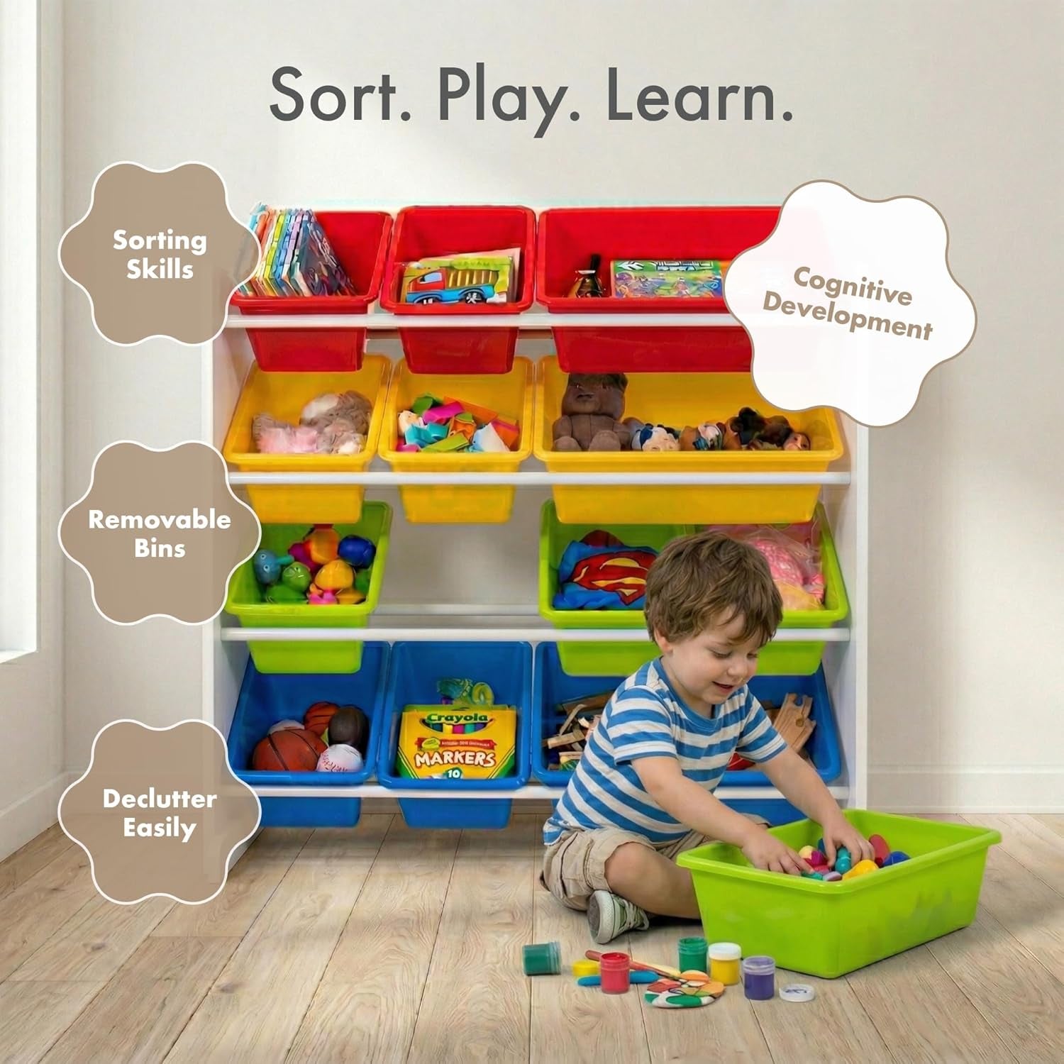 Kids Toy Storage Organizer with 12 Plastic Bins, White/Primary – Removable Bins for Playroom, Bedroom, Toddler Furniture for Boys and Girls Ages