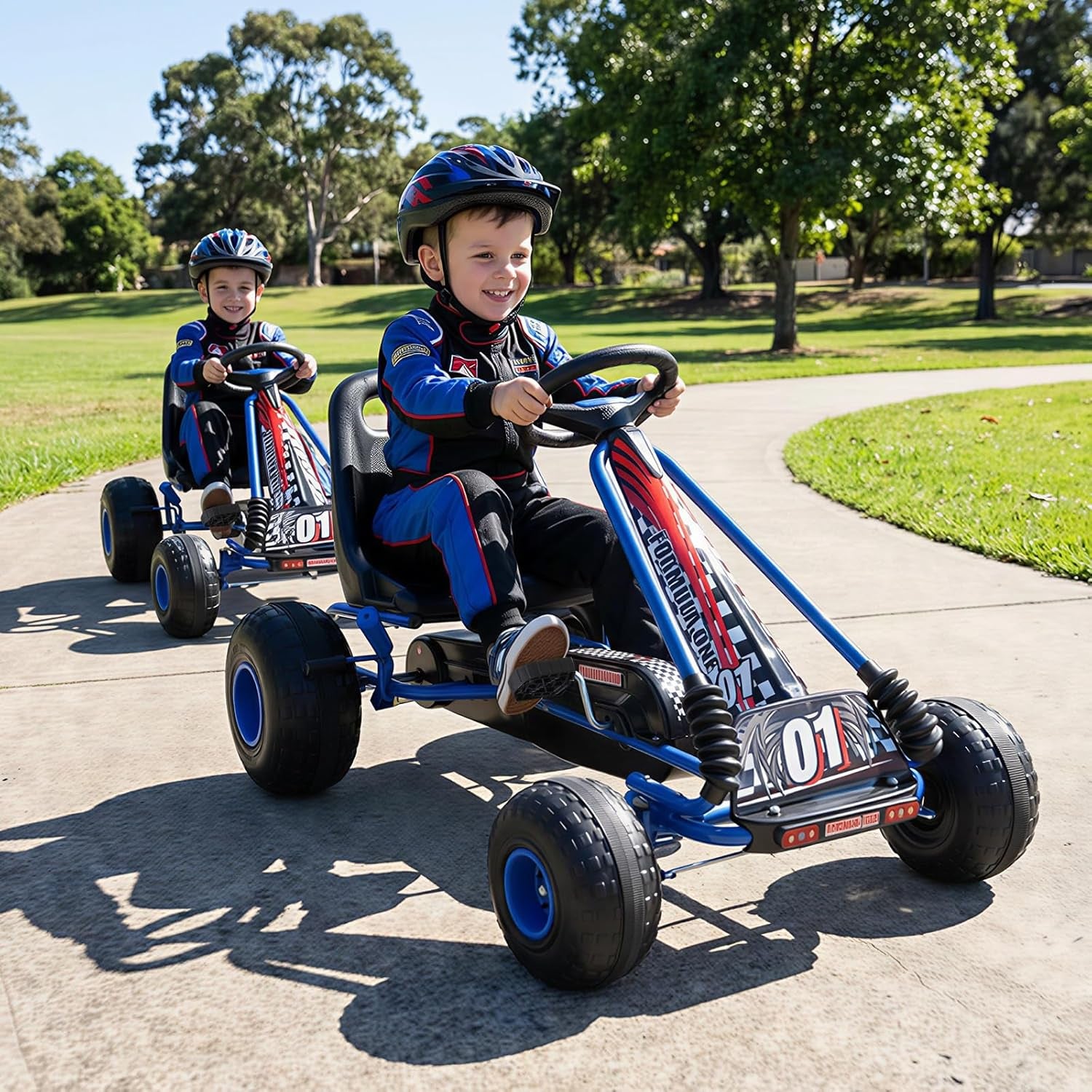 Pedal Go Kart, 4 Wheeler Toddler Racing Ride on Pedal Car Toy, Forward/Backward, Ergonomic Seat, Handbrake, Steering Wheel, Outdoor Off-Road Go Cart for Kids, Boys Girls Gift (Blue)
