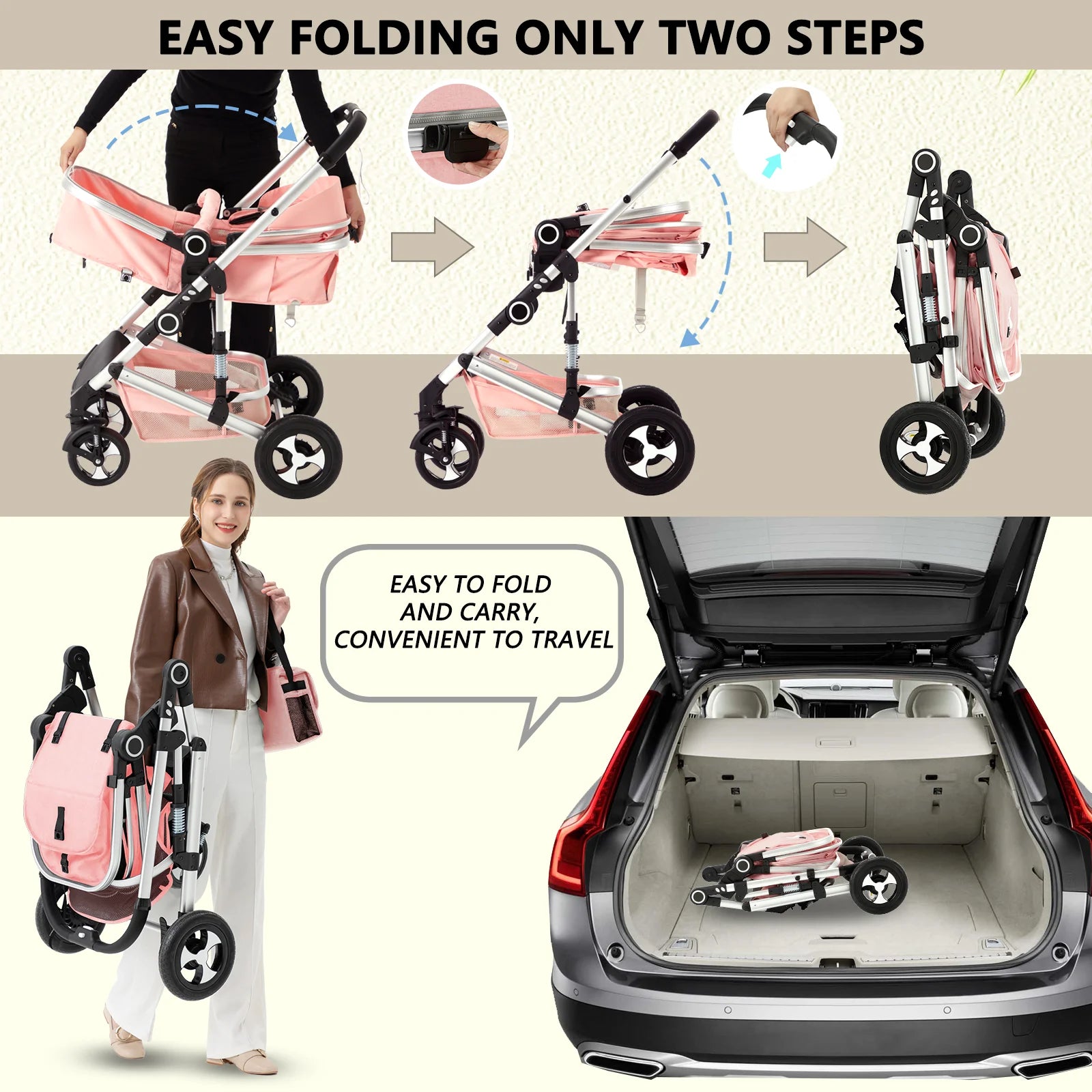 3-In-1 Convertible Baby Stroller with Big Seat and Adjustable Canopy, 24 Pound, Pink