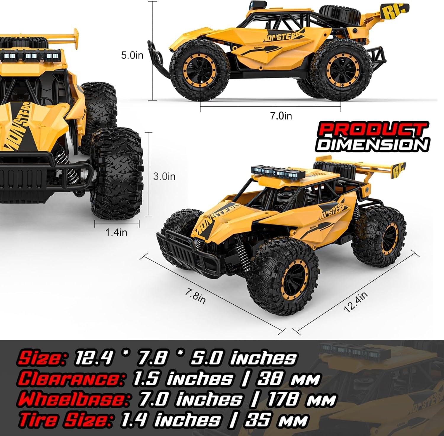 Remote Control Car for Boys, RC Cars, 1:12 Monster RC Truck off Road with LED Headlight and Rechargeable Battery Gifts for Adults Boys 8-12