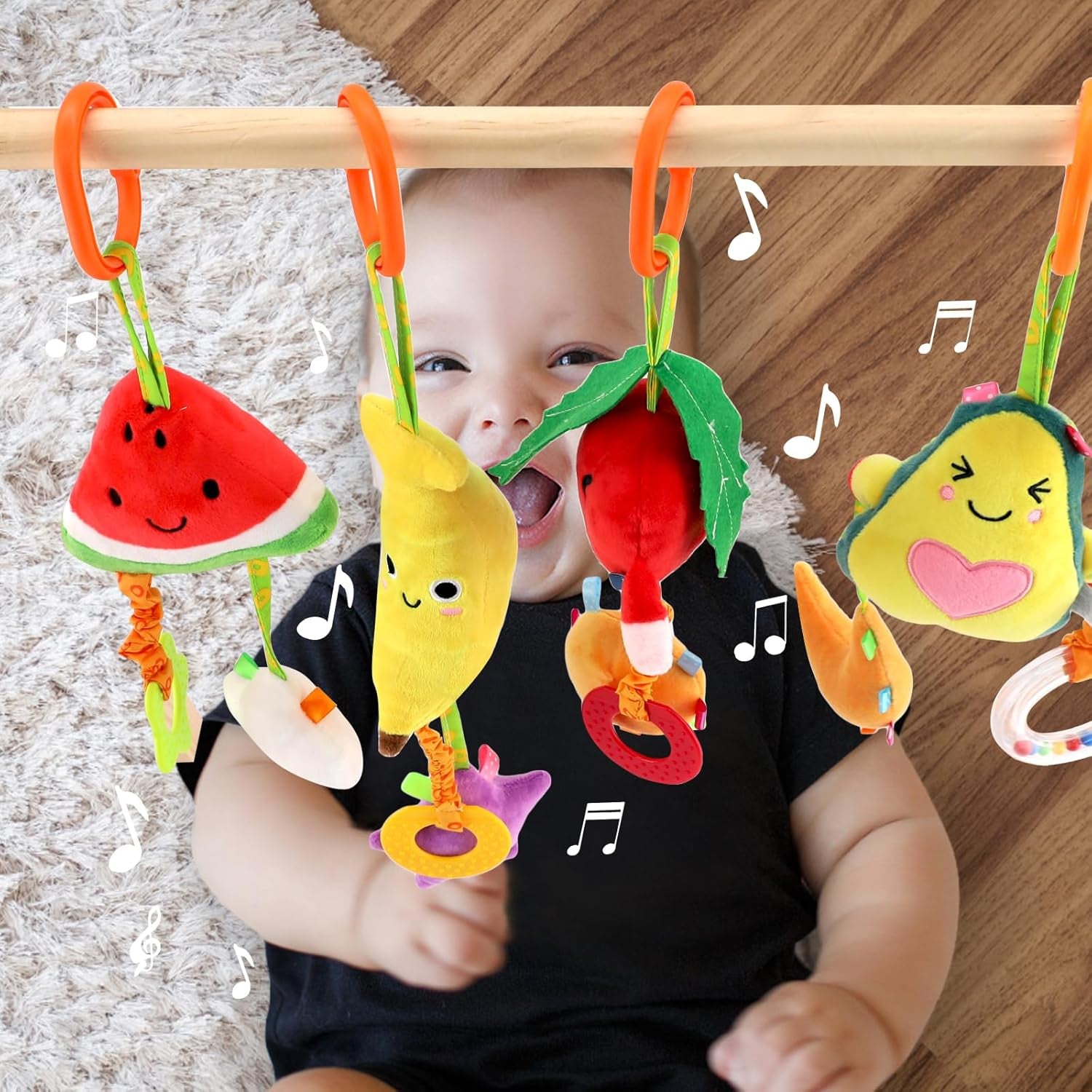 Baby Hanging Toys, 4 Pack Carseat Toys,Early Baby Cognitive Sensory Soft Hanging Toy for Crib Stroller Gym Mobile Plush Toy,Suitable for Babies 0-12 Months,Fruit