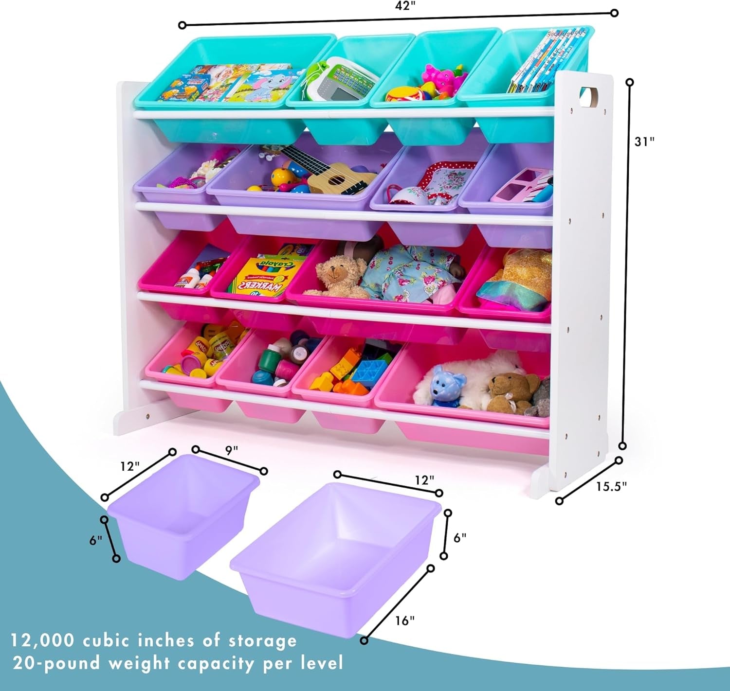 Toy Storage Organizer with 16 Removable Storage Bins for Kids Playroom, 4-Tier Toddler Toy Organization and Storage, White/Blue/Pink/Purple