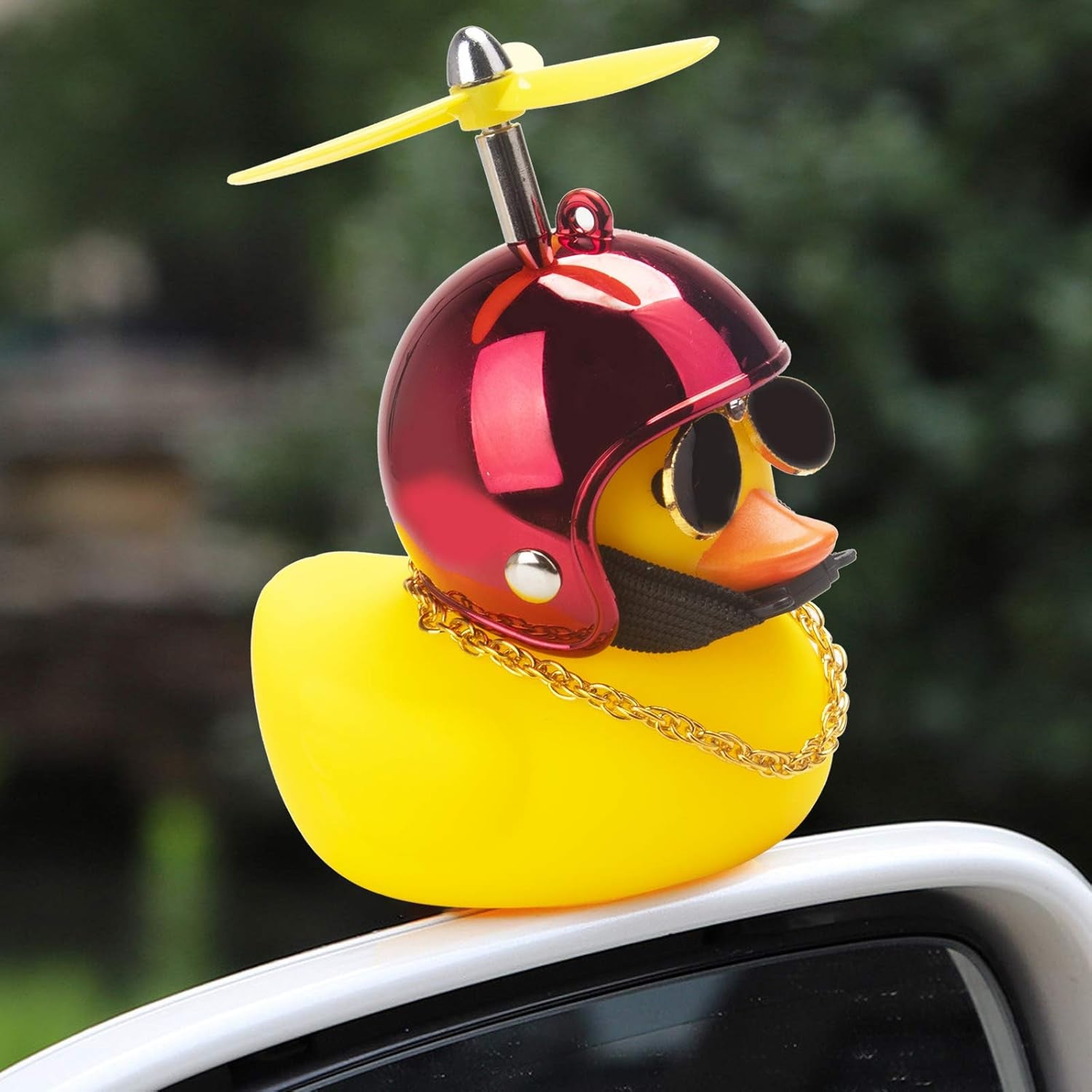 Rubber Duck Car Ornaments - Yellow Duck Car Dashboard Decorations with Cool Glasses and Propeller Helmet (Brilliant Red-Yellow)