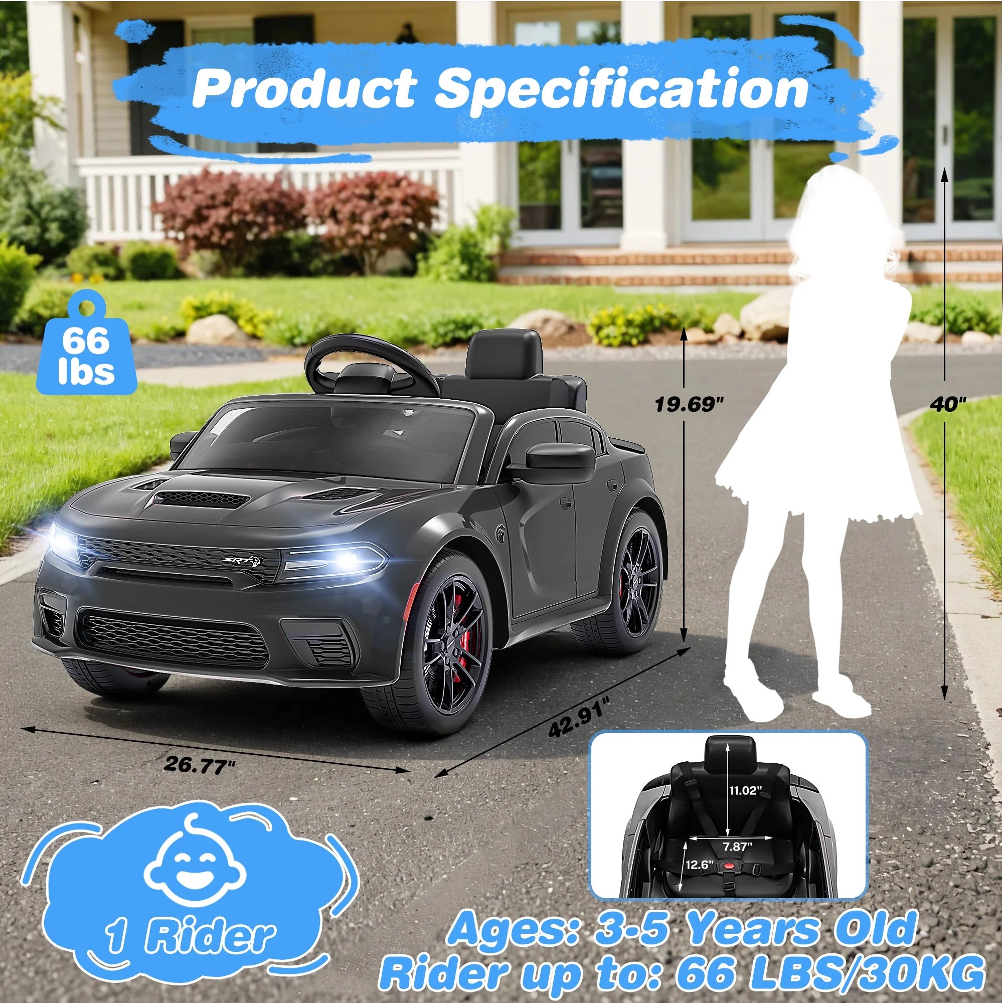 Dodge Electric Ride on Cars for Kids, 12V Licensed Dodge Charger Srt Hellcat Powered Ride on Toy with Parent Remote Control, Electric Car for Boy 3-5 W/Music Player/Led Light/Safety Belt, Black