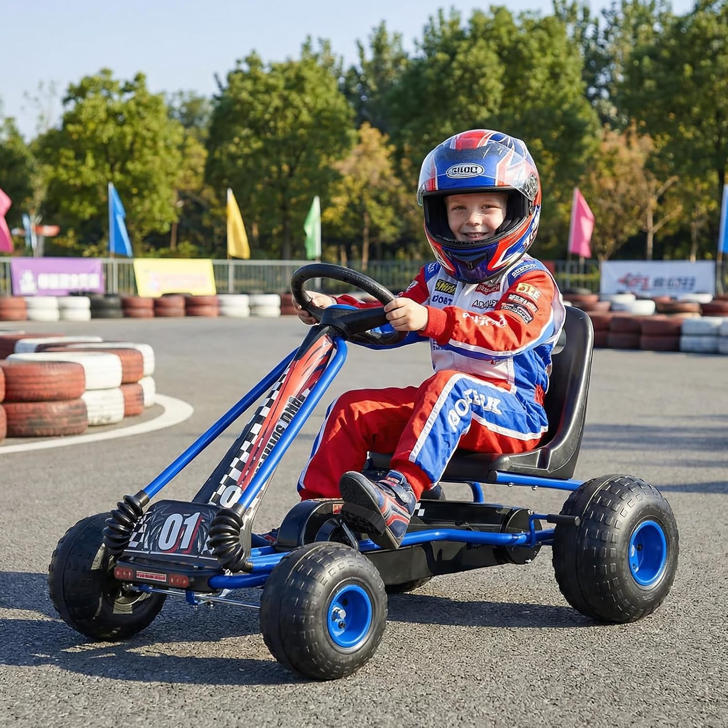 Pedal Go Kart, 4 Wheeler Toddler Racing Ride on Pedal Car Toy, Forward/Backward, Ergonomic Seat, Handbrake, Steering Wheel, Outdoor Off-Road Go Cart for Kids, Boys Girls Gift (Blue)