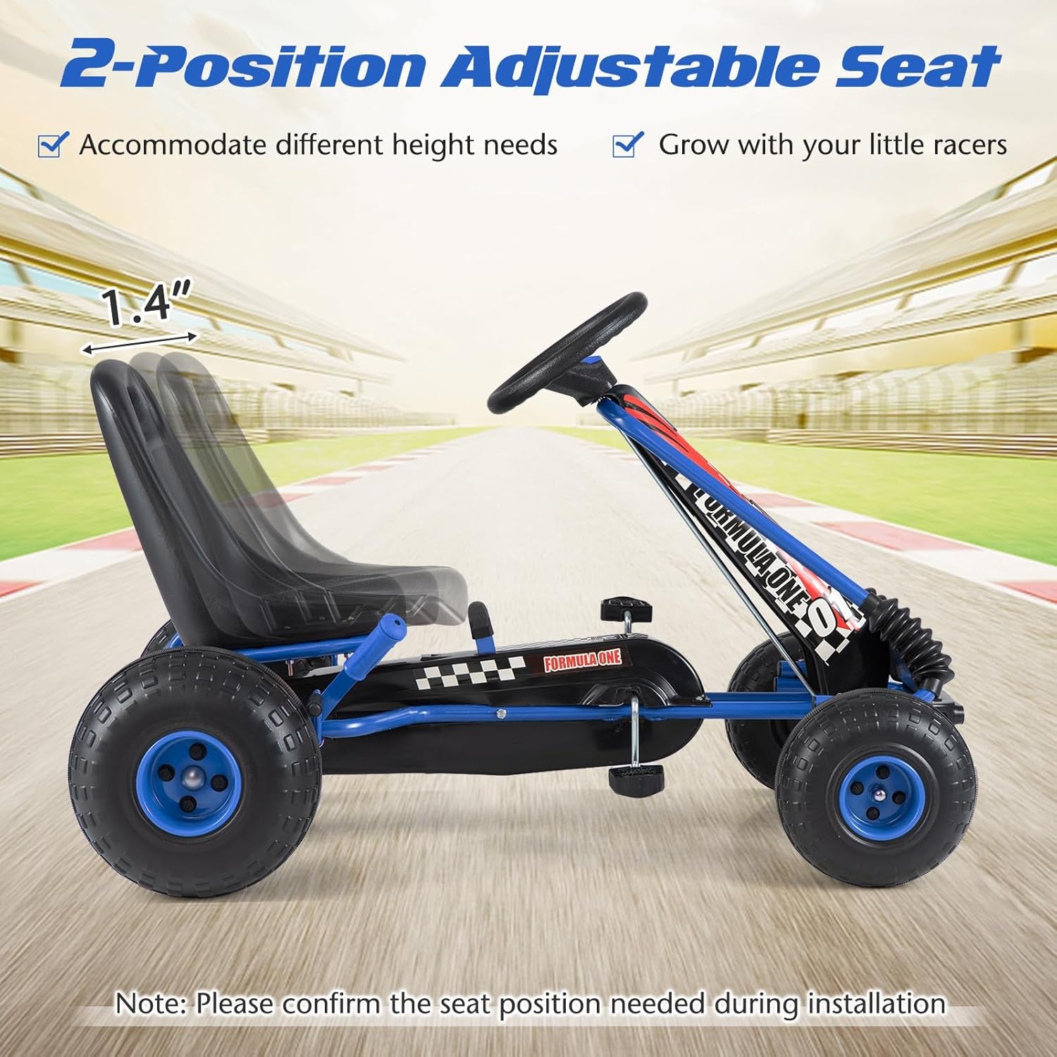 Pedal Go Kart, 4 Wheeler Toddler Racing Ride on Pedal Car Toy, Forward/Backward, Ergonomic Seat, Handbrake, Steering Wheel, Outdoor Off-Road Go Cart for Kids, Boys Girls Gift (Blue)