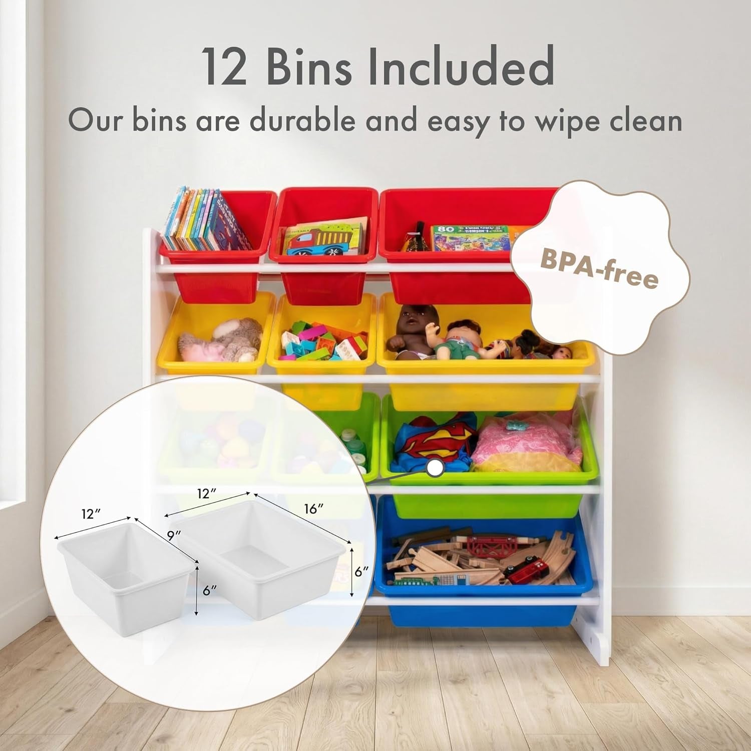 Kids Toy Storage Organizer with 12 Plastic Bins, White/Primary – Removable Bins for Playroom, Bedroom, Toddler Furniture for Boys and Girls Ages