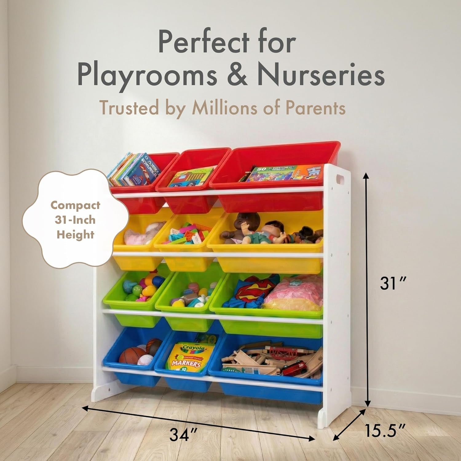 Kids Toy Storage Organizer with 12 Plastic Bins, White/Primary – Removable Bins for Playroom, Bedroom, Toddler Furniture for Boys and Girls Ages