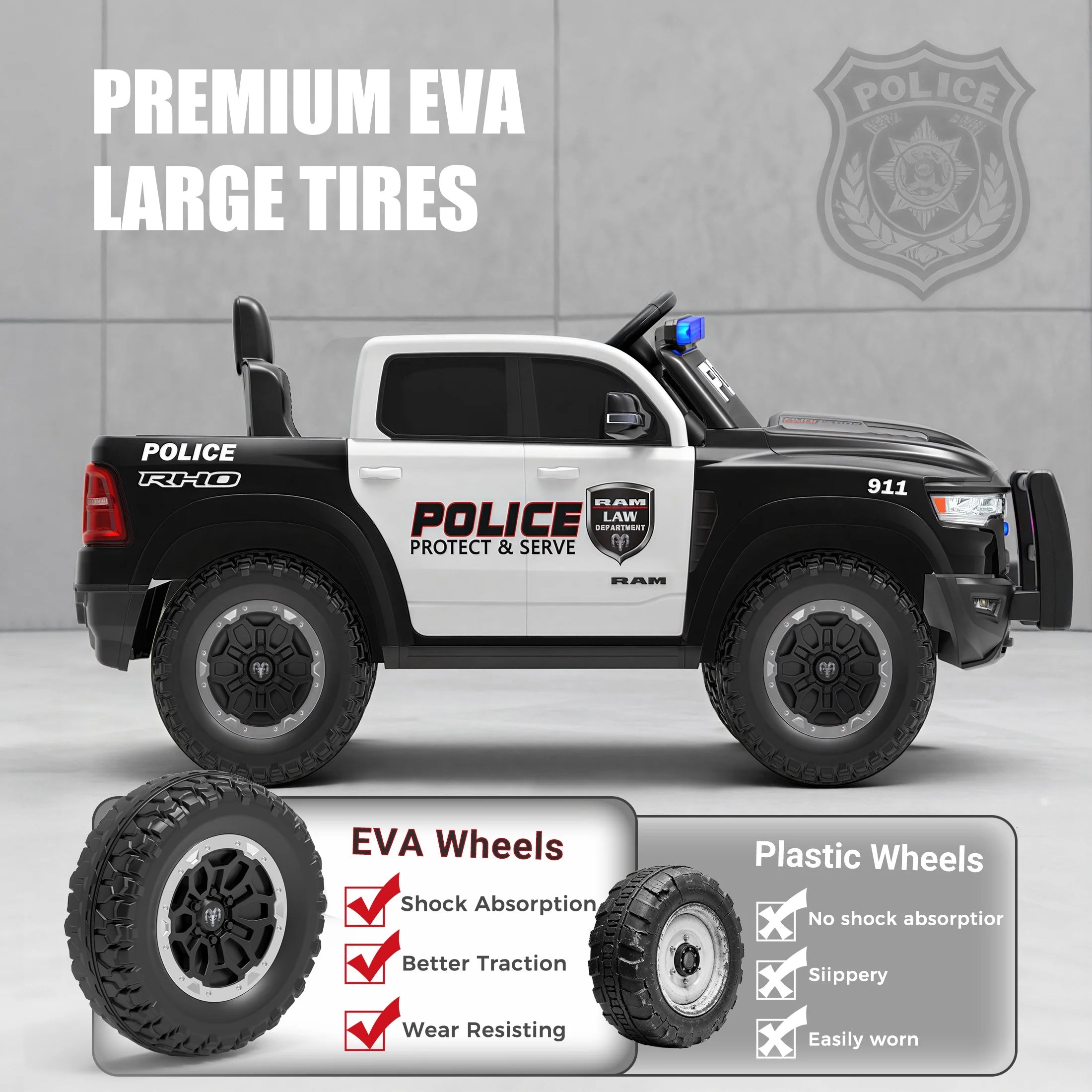 RAM 1500 Ride on Truck Cars, 12V Powered Ride on Toys with Remote Control, 4 Wheel Suspension Electric Cars for 3-5 Yrs Boy Girl W/Key Switch, Safety Belt, Music, Bluetooth, LED, Black Police Truck