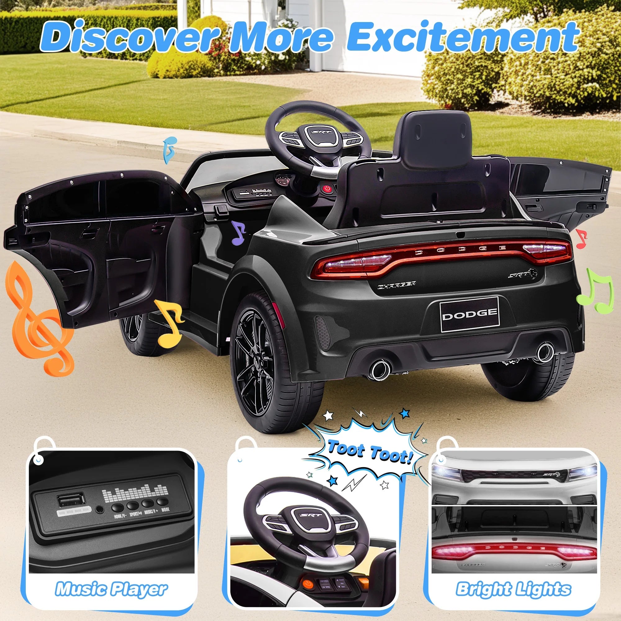 Dodge Electric Ride on Cars for Kids, 12V Licensed Dodge Charger Srt Hellcat Powered Ride on Toy with Parent Remote Control, Electric Car for Boy 3-5 W/Music Player/Led Light/Safety Belt, Black