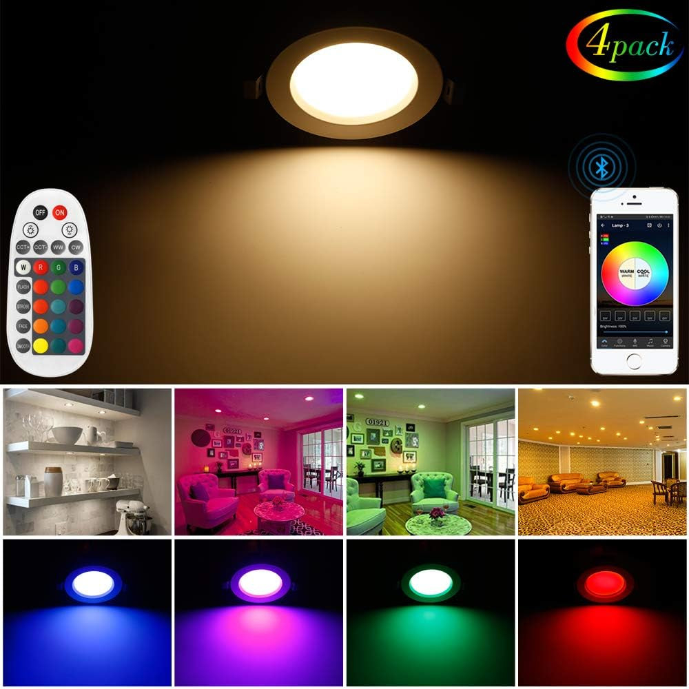 4 Inch LED Recessed Pot Lights, RGBWC 9W Bluetooth App Control LED Smart Downlights with Remote Controller, 120VAC, 700LM, RGB + 2700K-6000K Dimmable Multicolor Ceiling Lights, 4 Packs