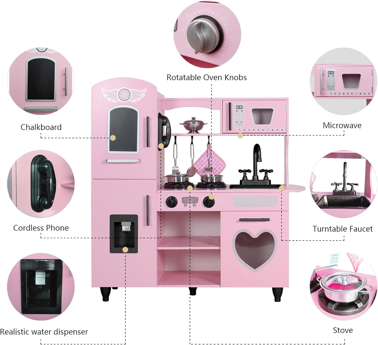 Play Kitchen, Pink Kids Kitchen Set for Girls Kitchen Set for Kids Ages 6-8 Gift Toddler Kitchen Set for Kid Age 3+ Kitchen Playset with Lights & Sounds Wooden Toy Kitchen Playset Gift