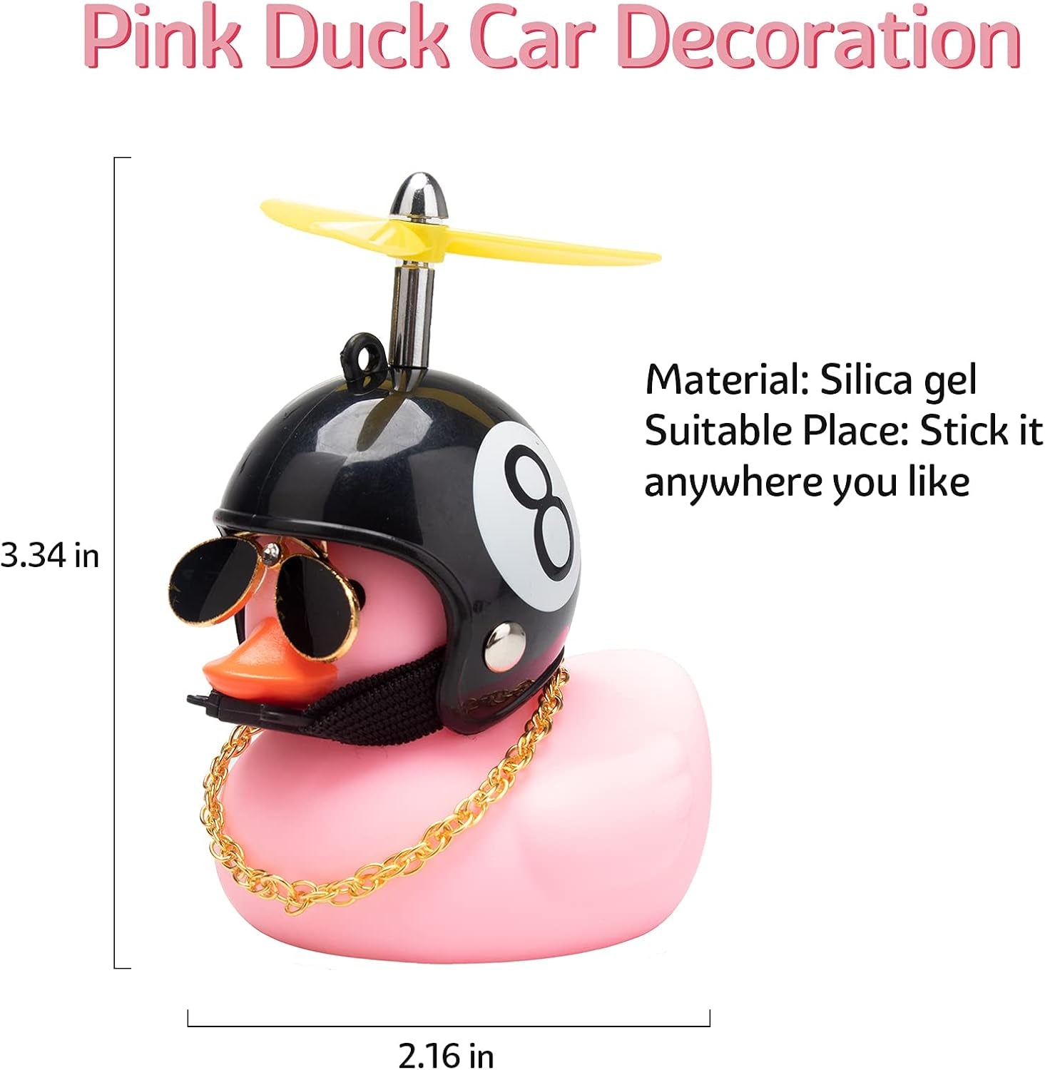 Pink Duck Car Dashboard Decorations Rubber Duck Car Ornaments Cool Duck with Propeller Helmet Sunglasses Gold Chain