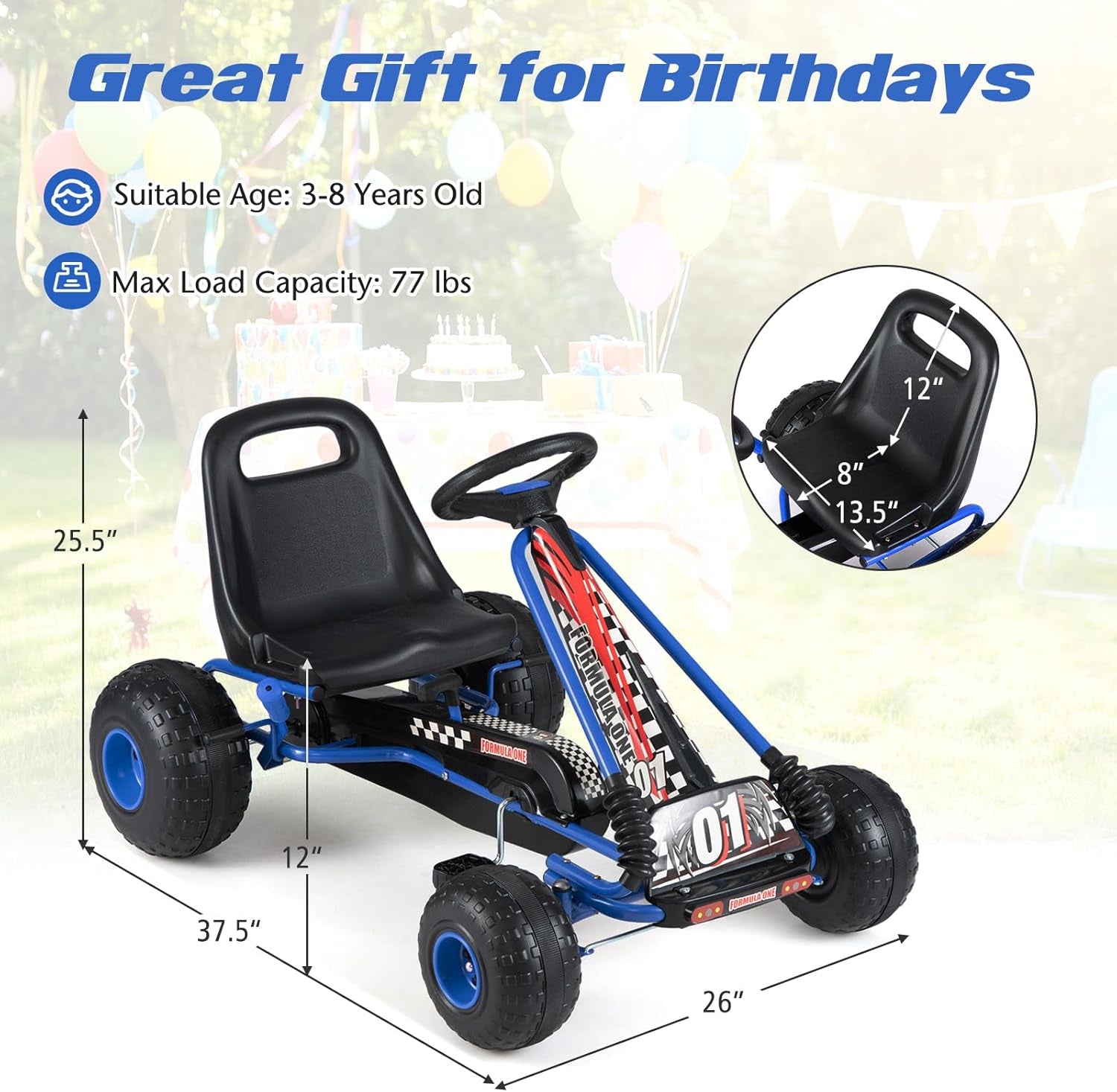 Pedal Go Kart, 4 Wheeler Toddler Racing Ride on Pedal Car Toy, Forward/Backward, Ergonomic Seat, Handbrake, Steering Wheel, Outdoor Off-Road Go Cart for Kids, Boys Girls Gift (Blue)