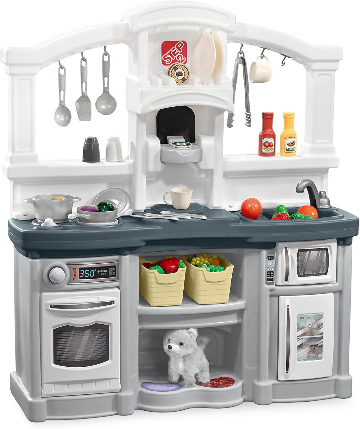 Fun with Friends Kids Kitchen Playset, Indoor/Outdoor Kitchenette with Lights & Sounds, Durable Plastic, 25-Piece Toy Accessories, Toddlers 2+ Years, Gray