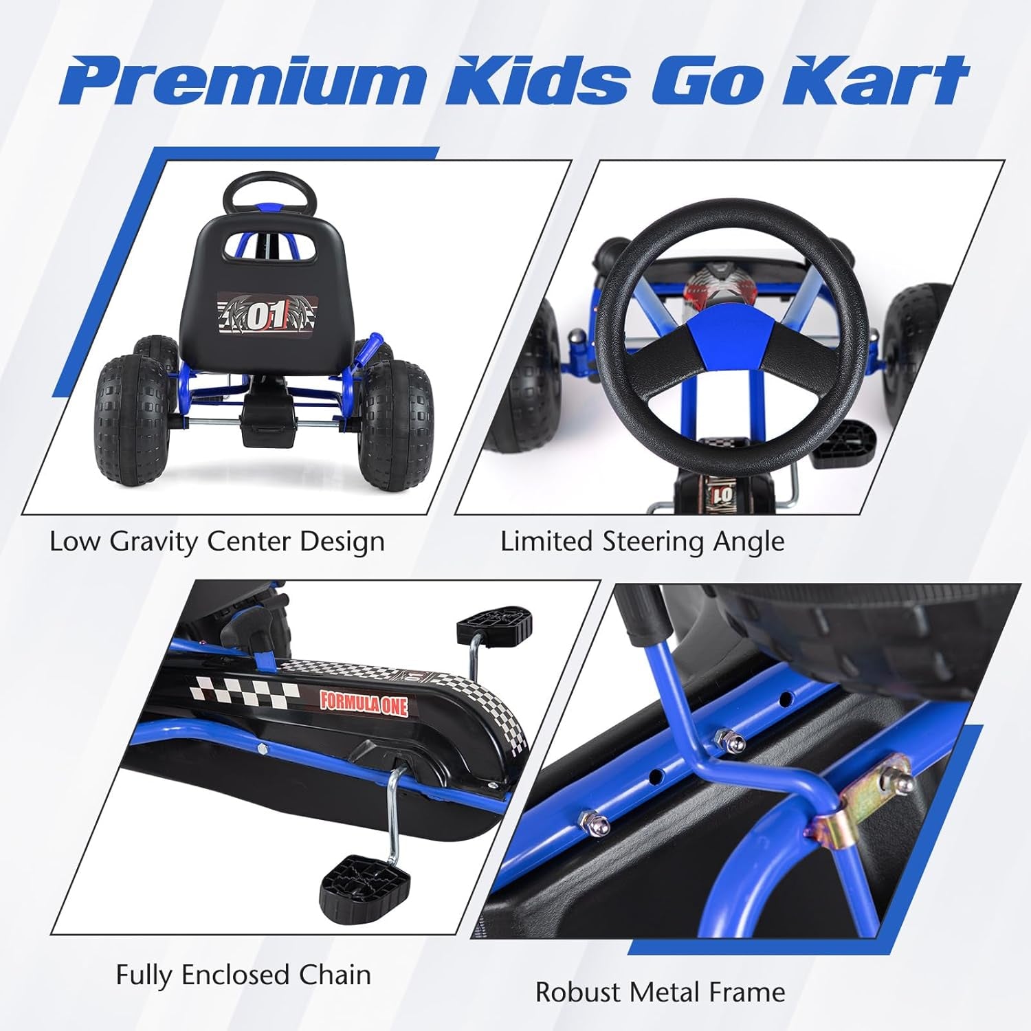 Pedal Go Kart, 4 Wheeler Toddler Racing Ride on Pedal Car Toy, Forward/Backward, Ergonomic Seat, Handbrake, Steering Wheel, Outdoor Off-Road Go Cart for Kids, Boys Girls Gift (Blue)