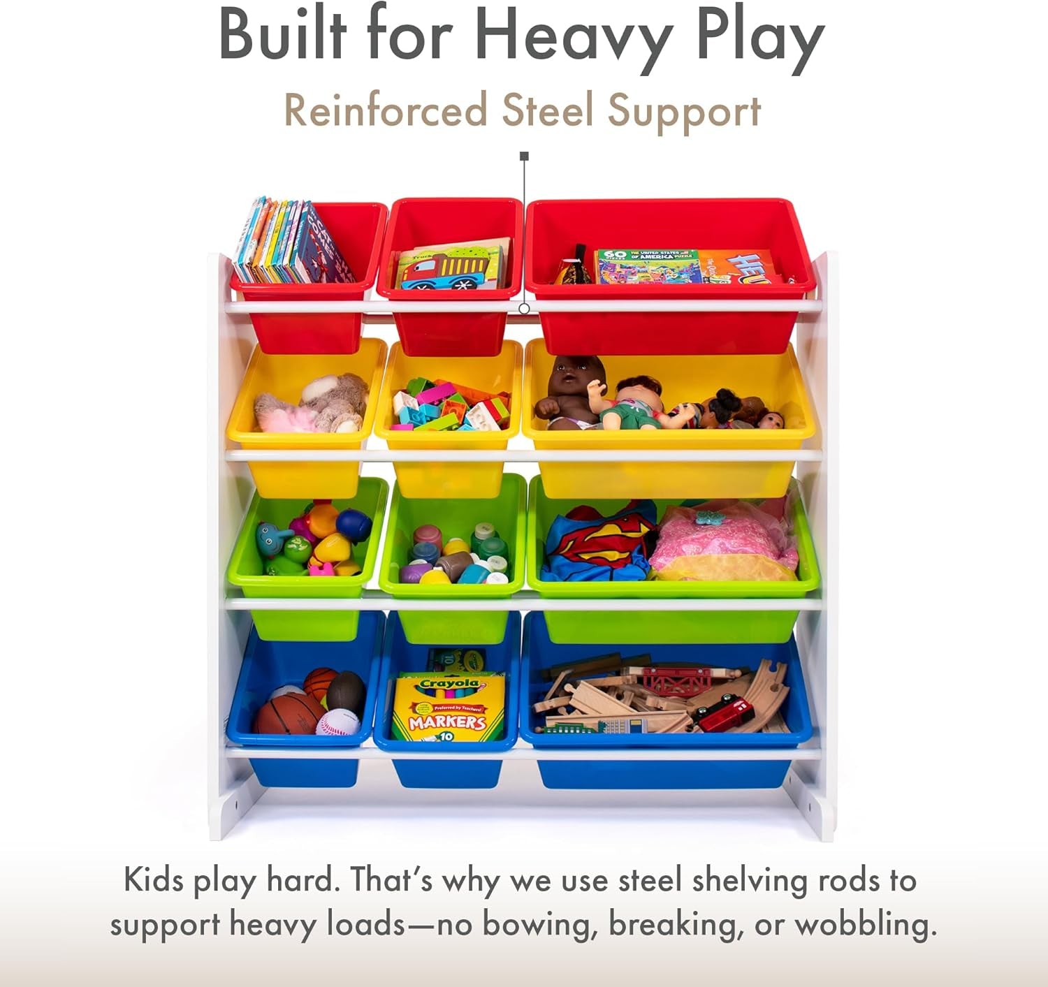 Kids Toy Storage Organizer with 12 Plastic Bins, White/Primary – Removable Bins for Playroom, Bedroom, Toddler Furniture for Boys and Girls Ages