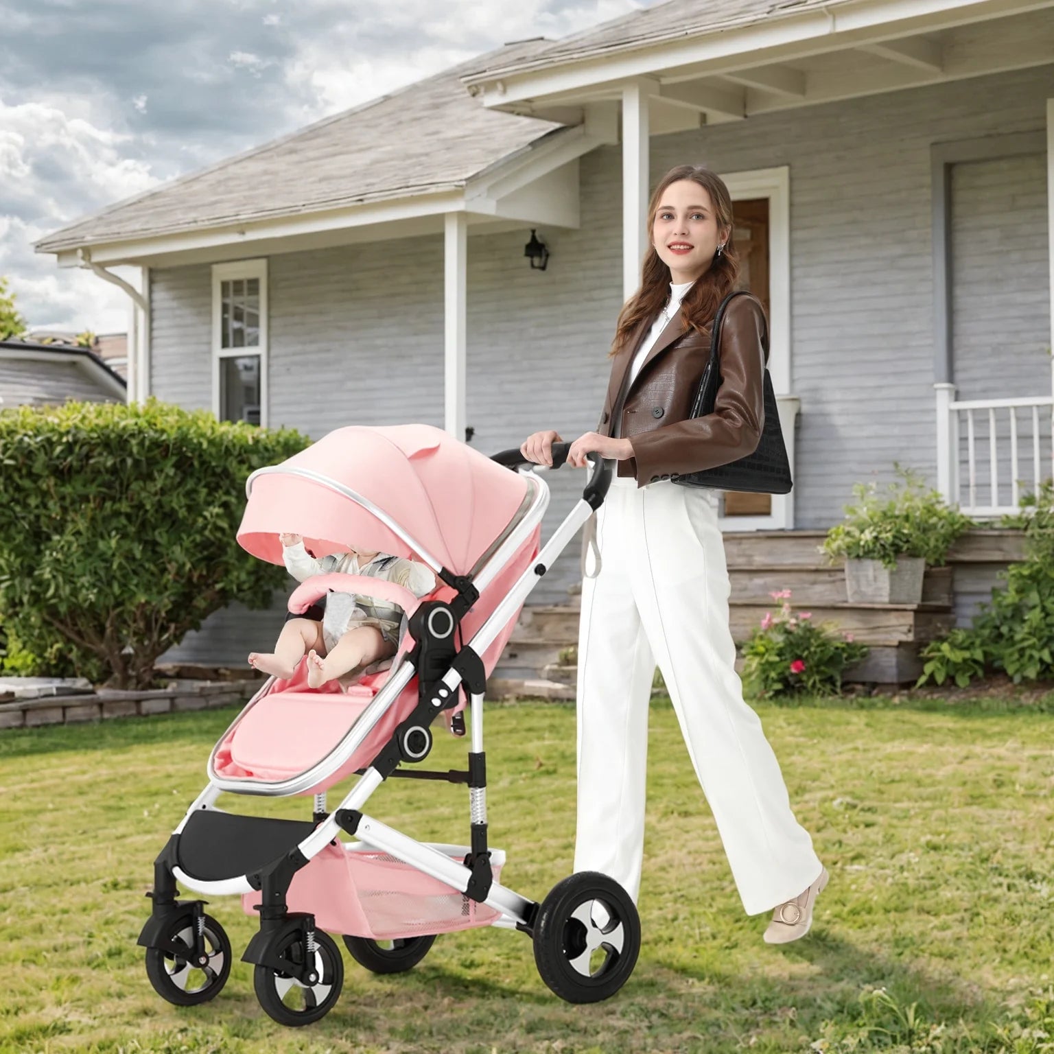3-In-1 Convertible Baby Stroller with Big Seat and Adjustable Canopy, 24 Pound, Pink