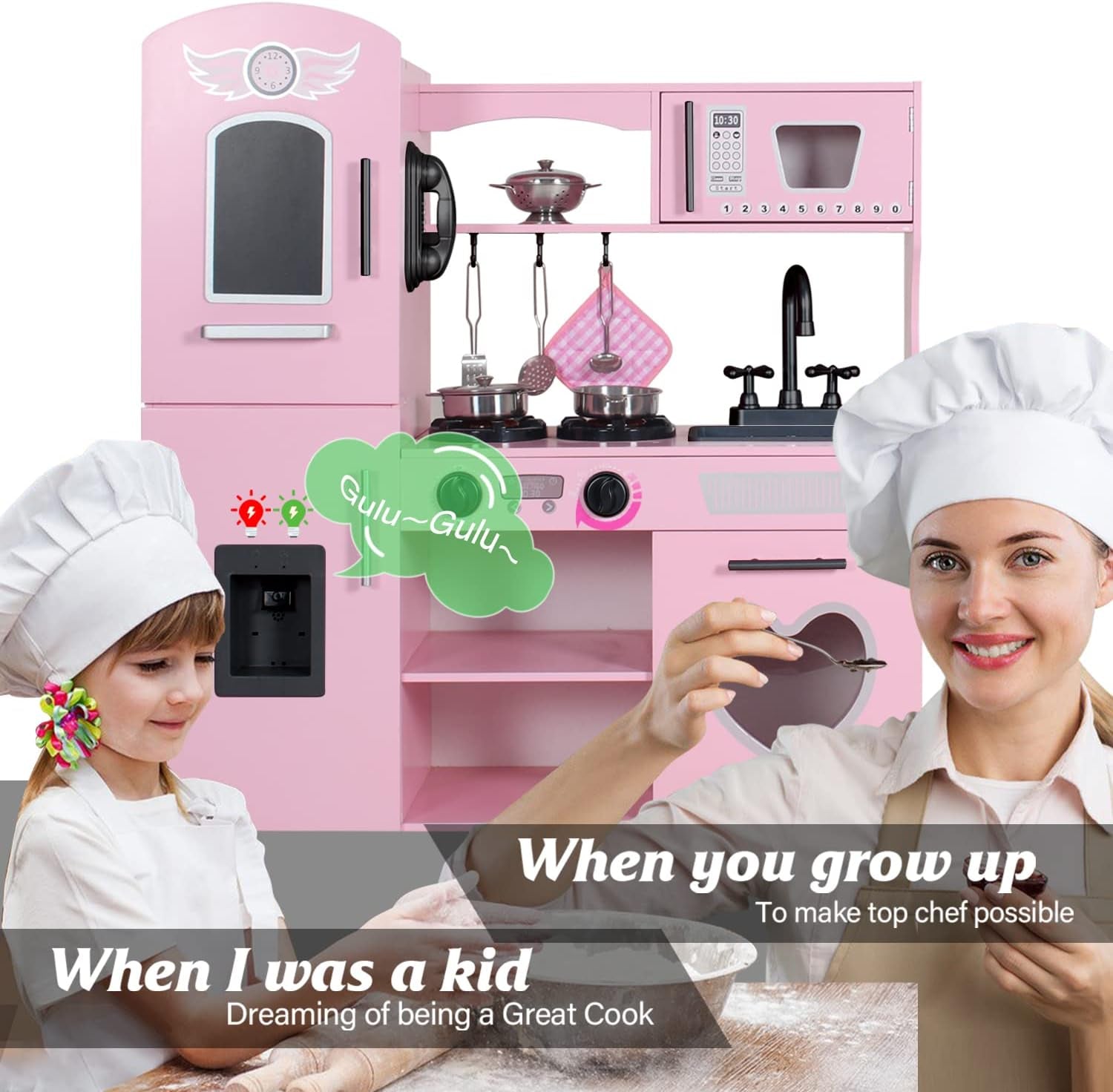 Play Kitchen, Pink Kids Kitchen Set for Girls Kitchen Set for Kids Ages 6-8 Gift Toddler Kitchen Set for Kid Age 3+ Kitchen Playset with Lights & Sounds Wooden Toy Kitchen Playset Gift