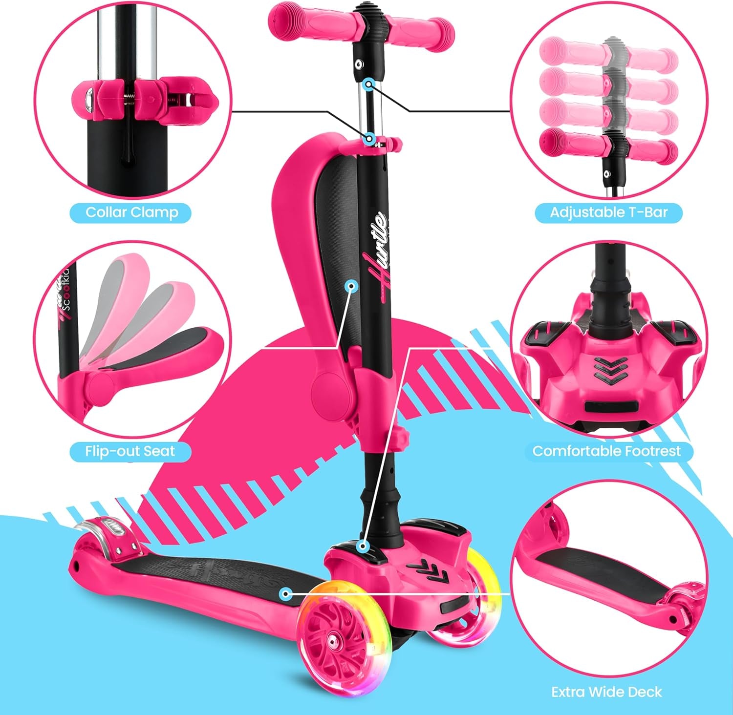 3-Wheeled Scooter for Kids - Wheel LED Lights, Adjustable Lean-To-Steer Handlebar, and Foldable Seat - Sit or Stand Ride with Brake for Boys and Girls Ages 1-14 Years Old