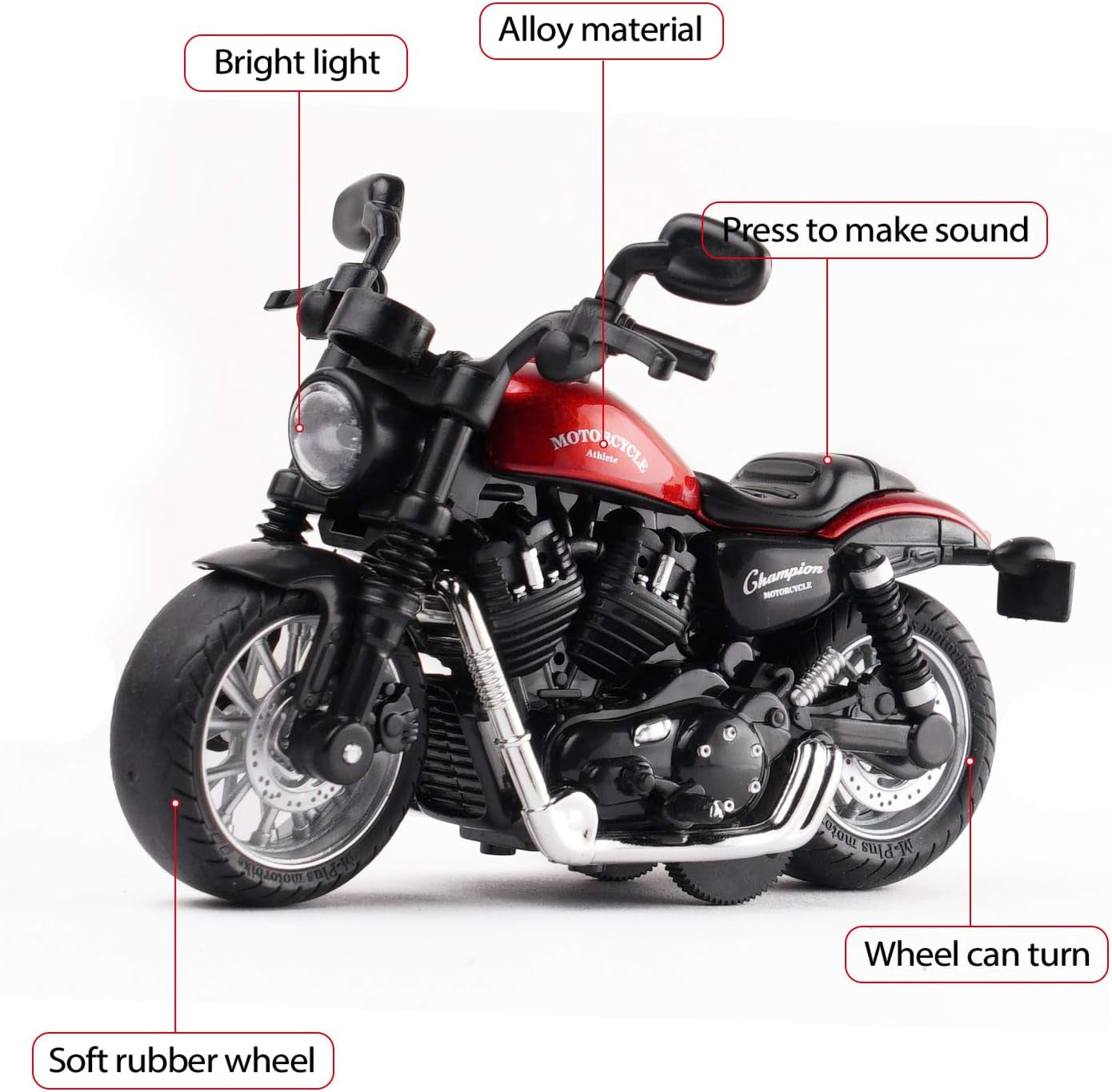 Mini Toy Motorcycle - Pull Back Toy Cars with Sound and Light Toy,Toy Motorcycles for Toddlers,Motorcycle Toys for Boys Age 3-9 (Red)