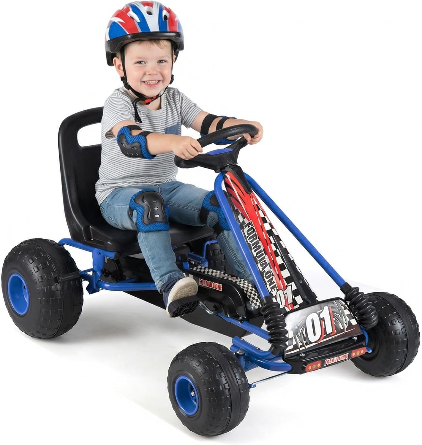 Pedal Go Kart, 4 Wheeler Toddler Racing Ride on Pedal Car Toy, Forward/Backward, Ergonomic Seat, Handbrake, Steering Wheel, Outdoor Off-Road Go Cart for Kids, Boys Girls Gift (Blue)