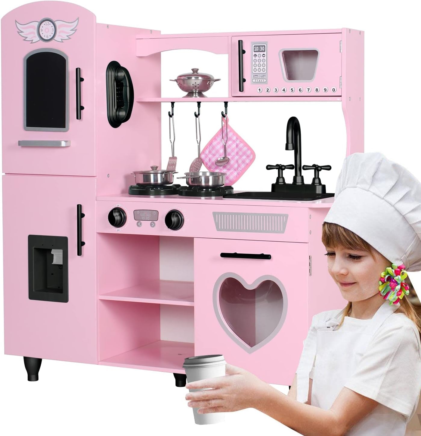Play Kitchen, Pink Kids Kitchen Set for Girls Kitchen Set for Kids Ages 6-8 Gift Toddler Kitchen Set for Kid Age 3+ Kitchen Playset with Lights & Sounds Wooden Toy Kitchen Playset Gift