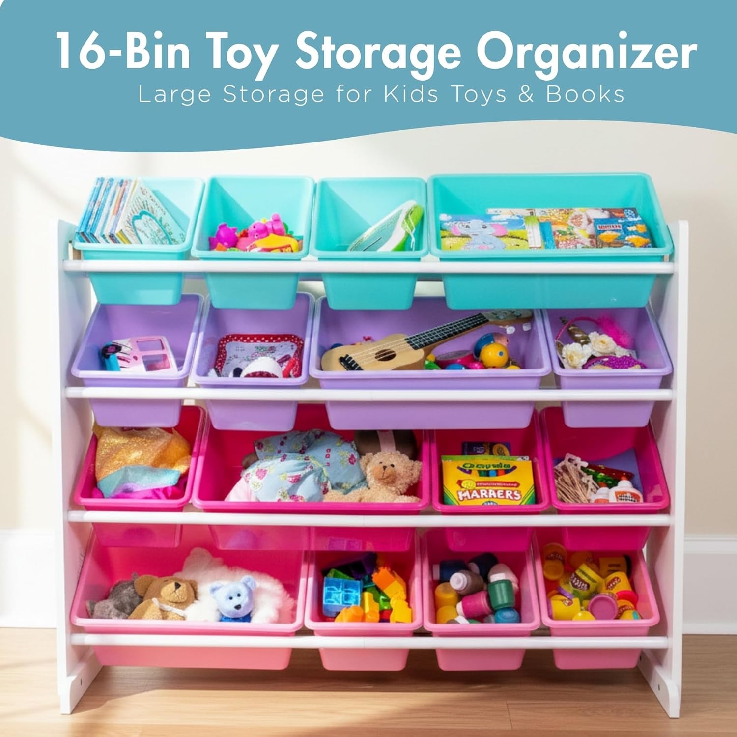 Toy Storage Organizer with 16 Removable Storage Bins for Kids Playroom, 4-Tier Toddler Toy Organization and Storage, White/Blue/Pink/Purple