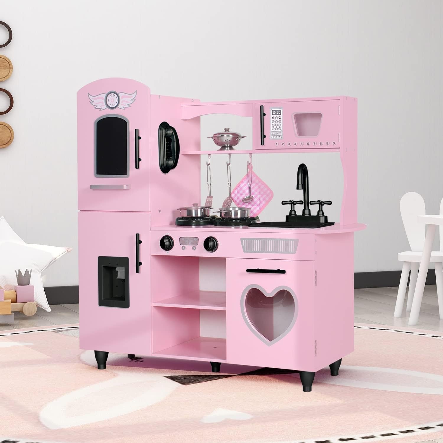Play Kitchen, Pink Kids Kitchen Set for Girls Kitchen Set for Kids Ages 6-8 Gift Toddler Kitchen Set for Kid Age 3+ Kitchen Playset with Lights & Sounds Wooden Toy Kitchen Playset Gift